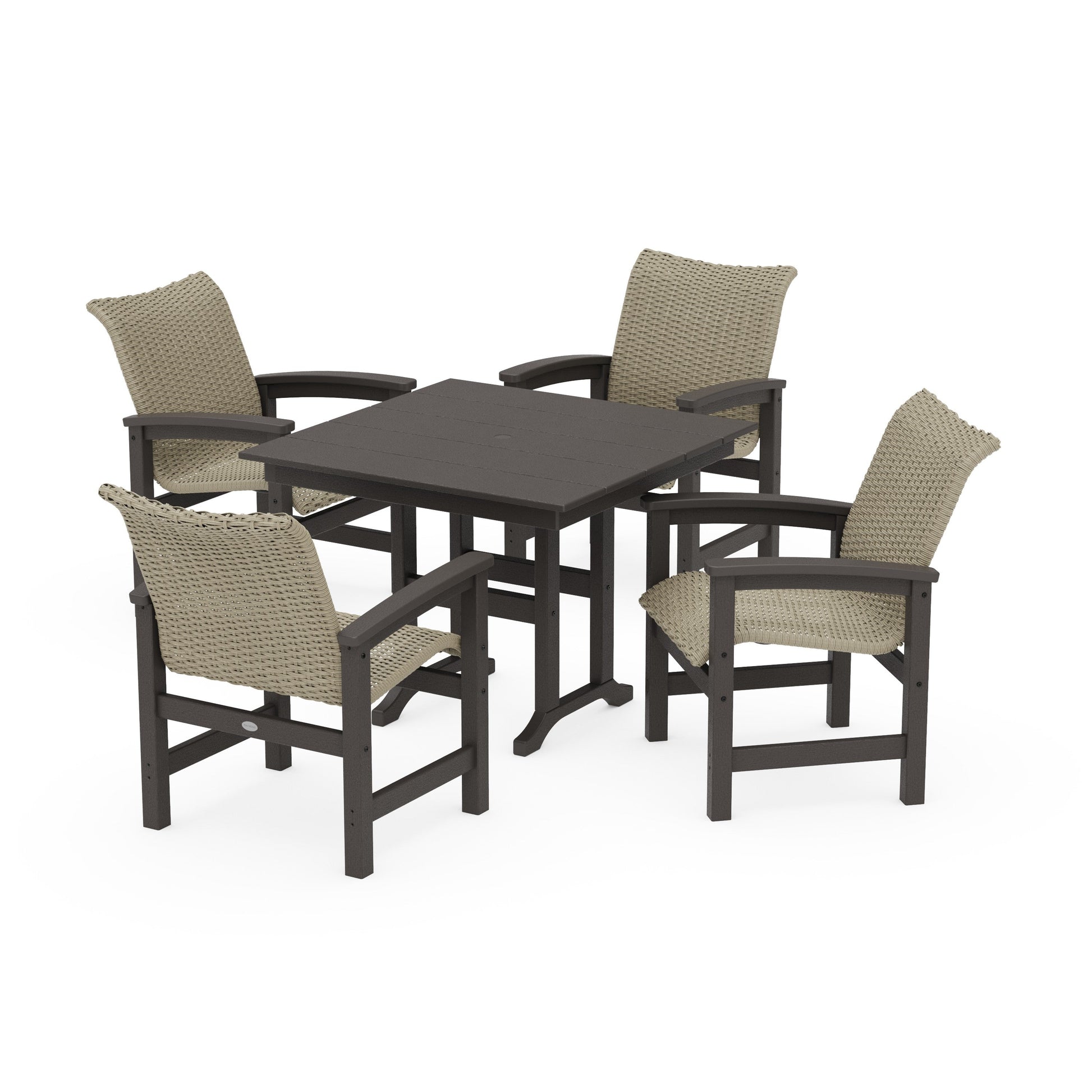 POLYWOOD Coastal Woven 5-Piece Farmhouse Dining Set — Vintage Coffee / Dune Grass