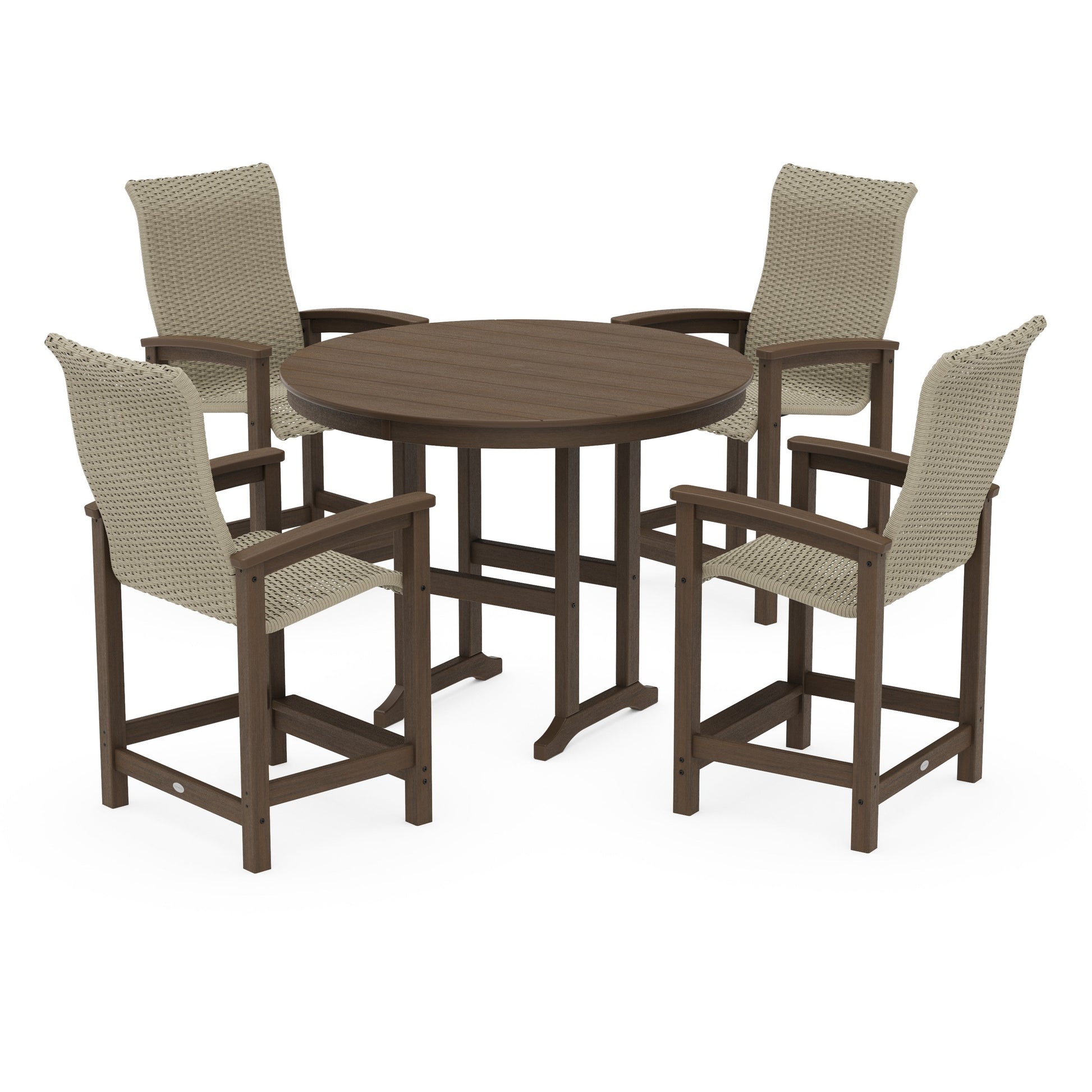 POLYWOOD Coastal Woven High-Back 5-Piece Round Farmhouse Counter Set — Kona / Dune Grass