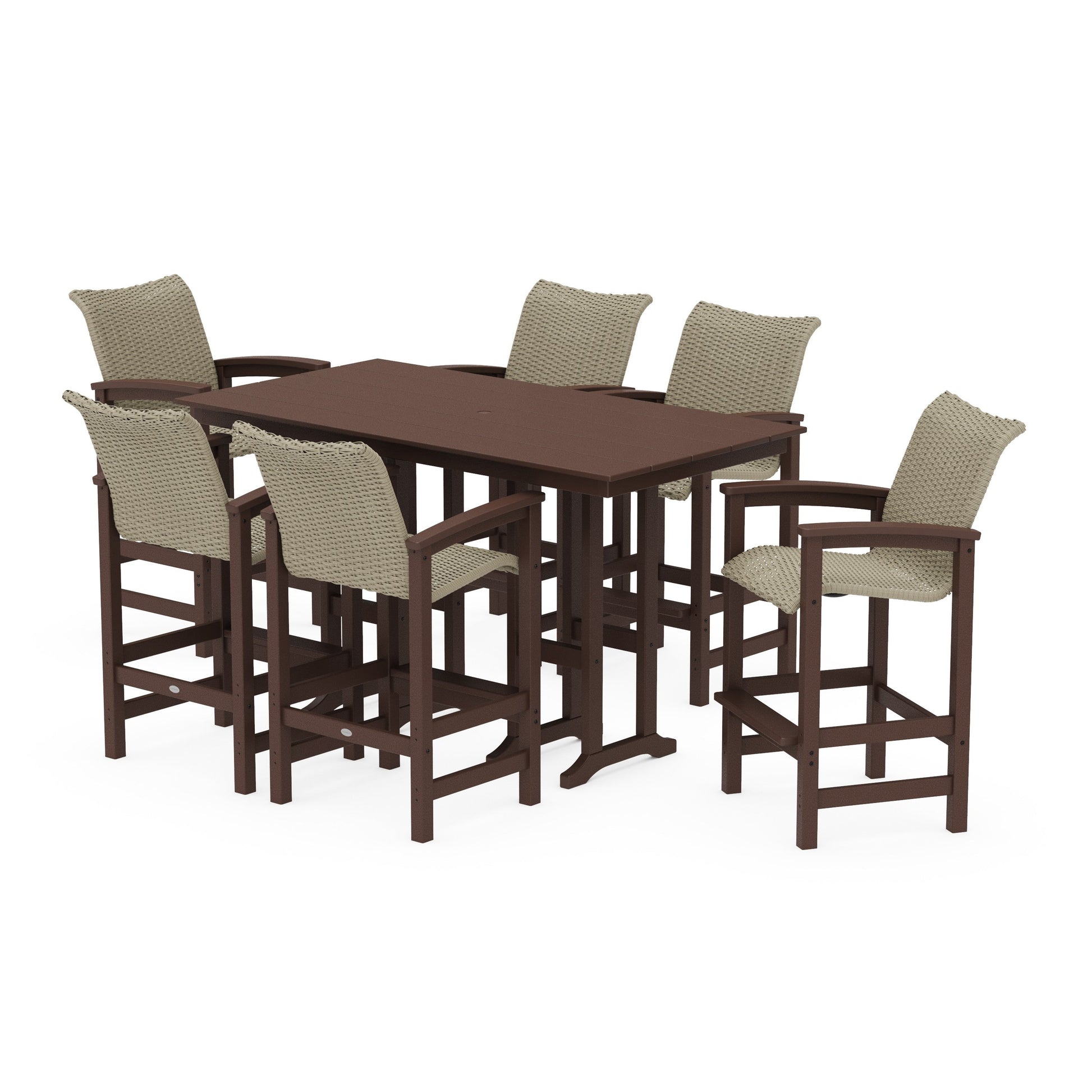 POLYWOOD Coastal Woven Arm Chair 7-Piece Farmhouse Bar Set — Mahogany / Dune Grass