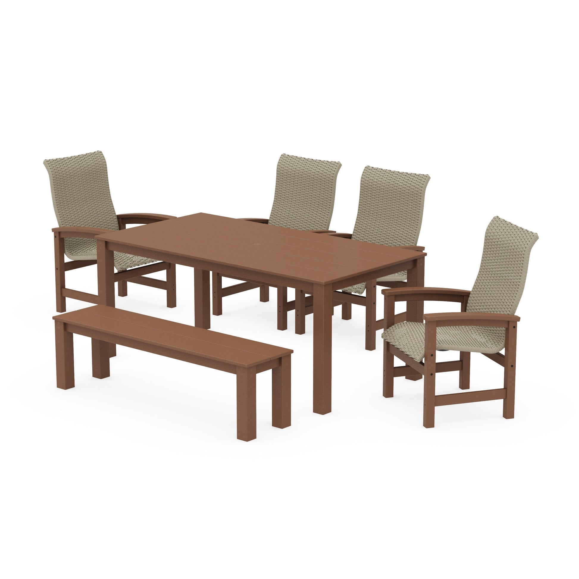 POLYWOOD Coastal Woven High-Back 6-Piece Parsons Dining Set with Bench — Teak / Dune Grass