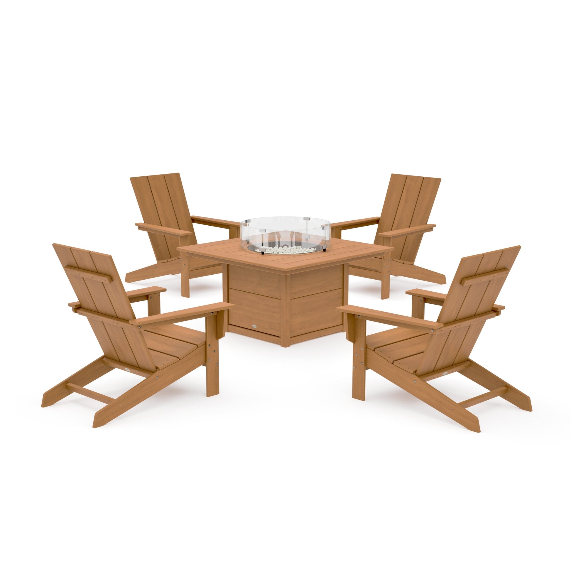 POLYWOOD 5-Piece Modern Studio Adirondack Conversation Set with Fire Pit Table — Natural