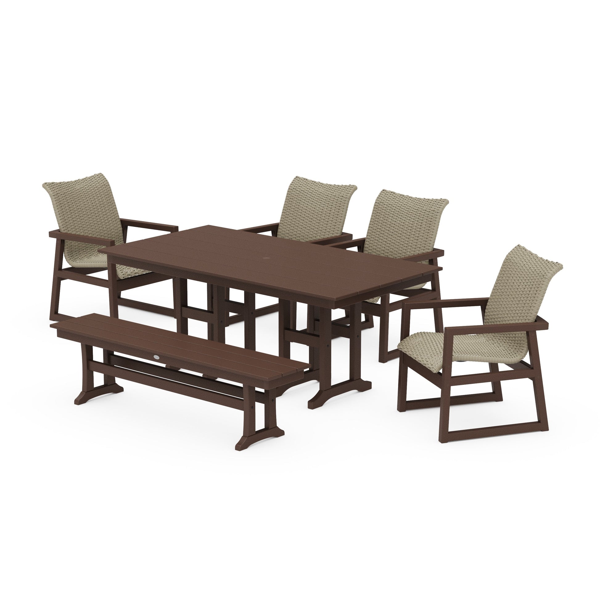 POLYWOOD EDGE Woven 6-Piece Farmhouse Dining Set with Bench — Mahogany / Dune Grass