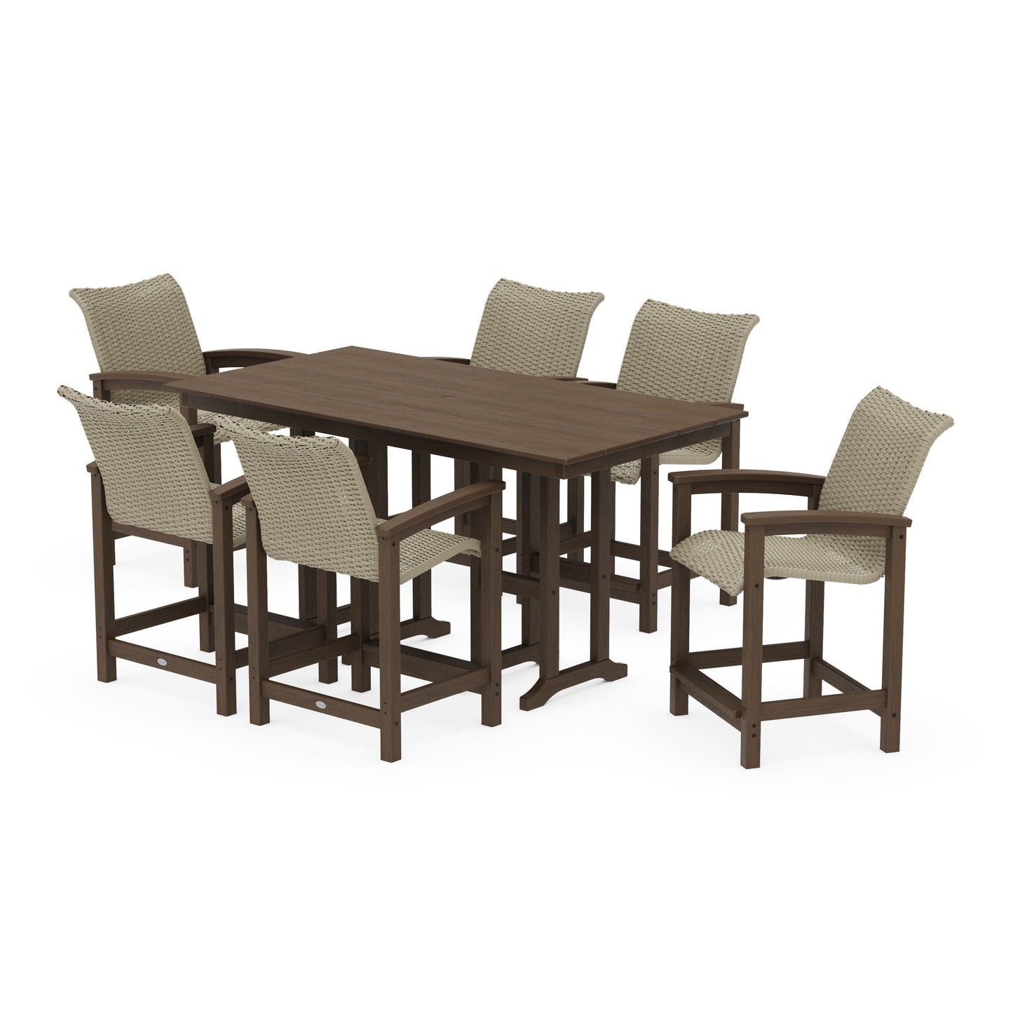 POLYWOOD Coastal Woven Arm Chair 7-Piece Farmhouse Counter Set — Kona / Dune Grass