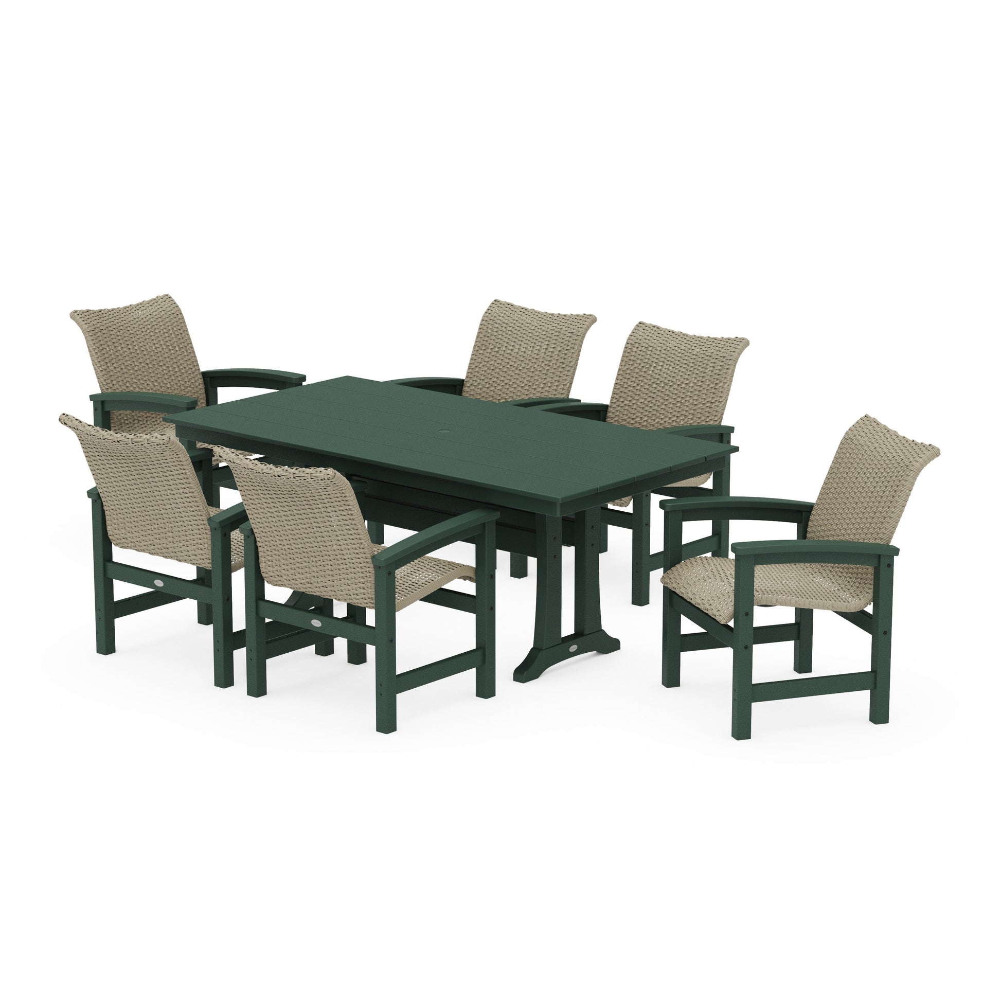 POLYWOOD Coastal Woven Arm Chair 7-Piece Farmhouse Dining Set with Trestle Legs — Green / Dune Grass