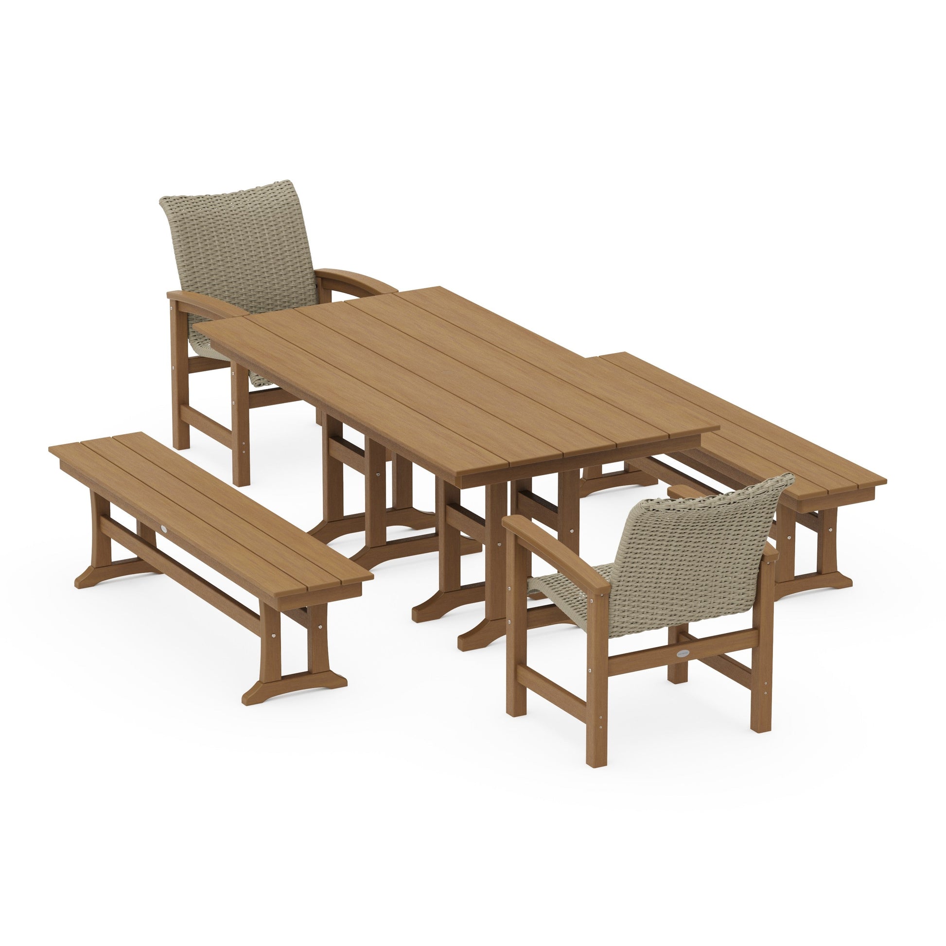 POLYWOOD Coastal Woven 5-Piece Farmhouse Dining Set with Benches — Natural / Dune Grass
