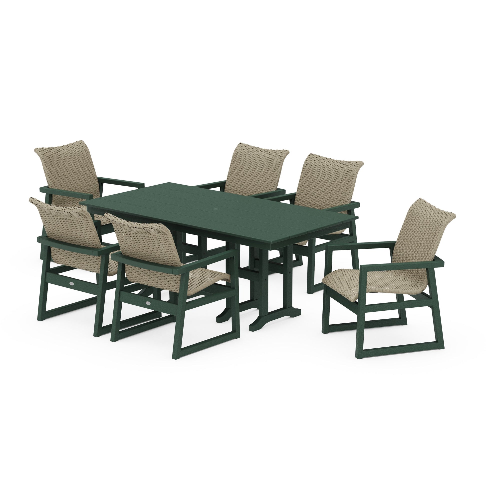 POLYWOOD EDGE Woven Arm Chair 7-Piece Farmhouse Dining Set — Green / Dune Grass