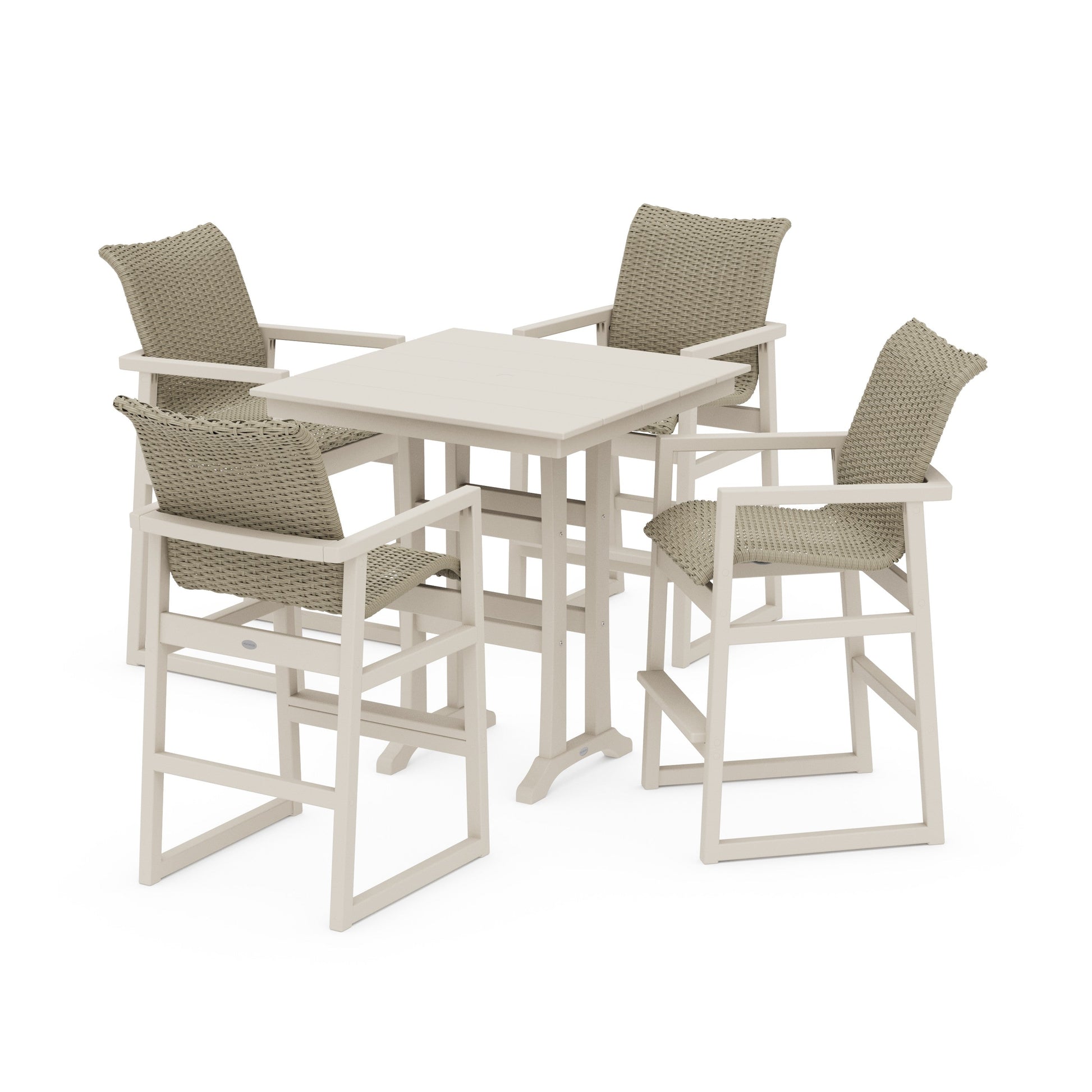 POLYWOOD EDGE Woven 5-Piece Farmhouse Bar Set with Trestle Legs — Sand / Dune Grass