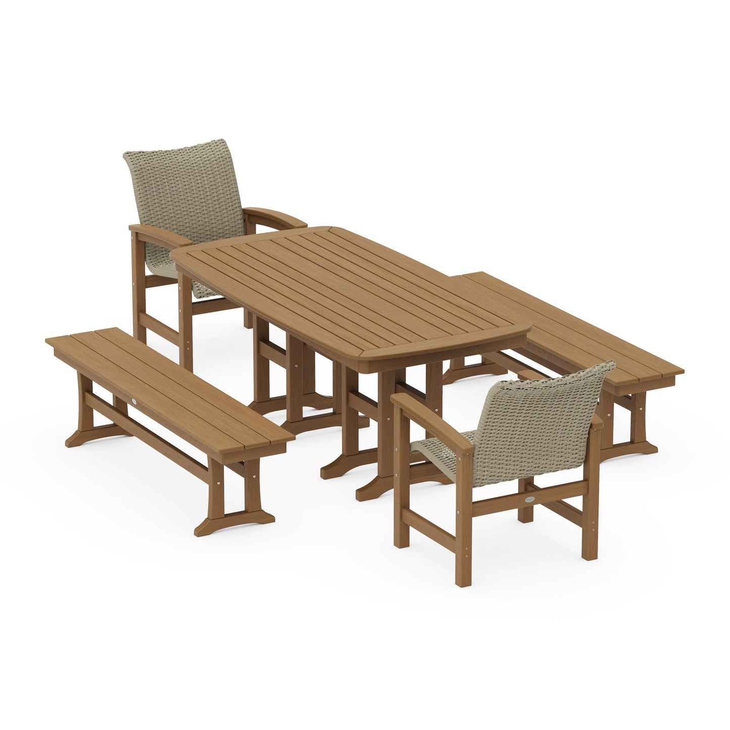 POLYWOOD Coastal Woven 5-Piece Dining Set with Benches — Natural / Dune Grass
