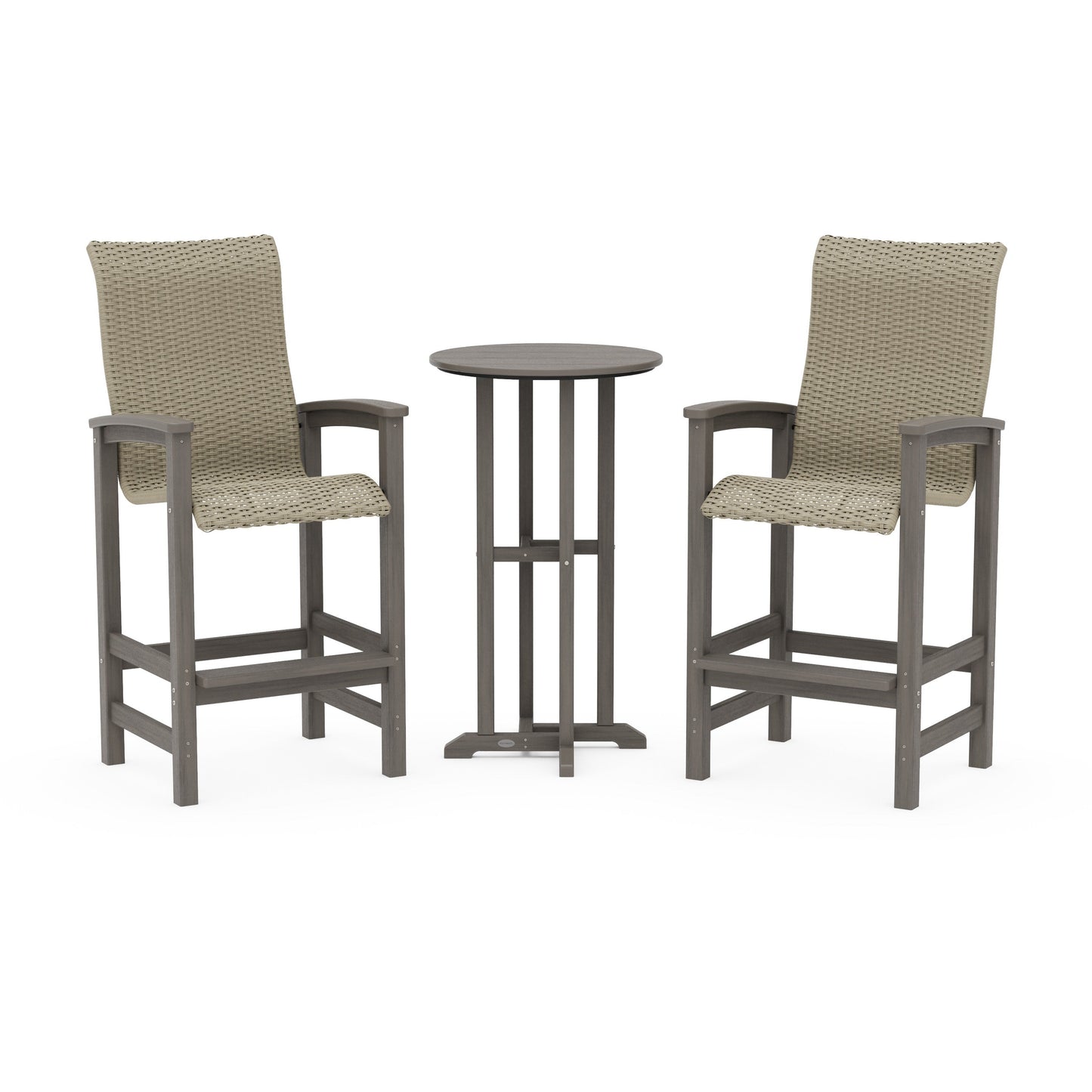 POLYWOOD Coastal Woven High-Back 3-Piece Farmhouse Bar Set — Driftwood / Dune Grass