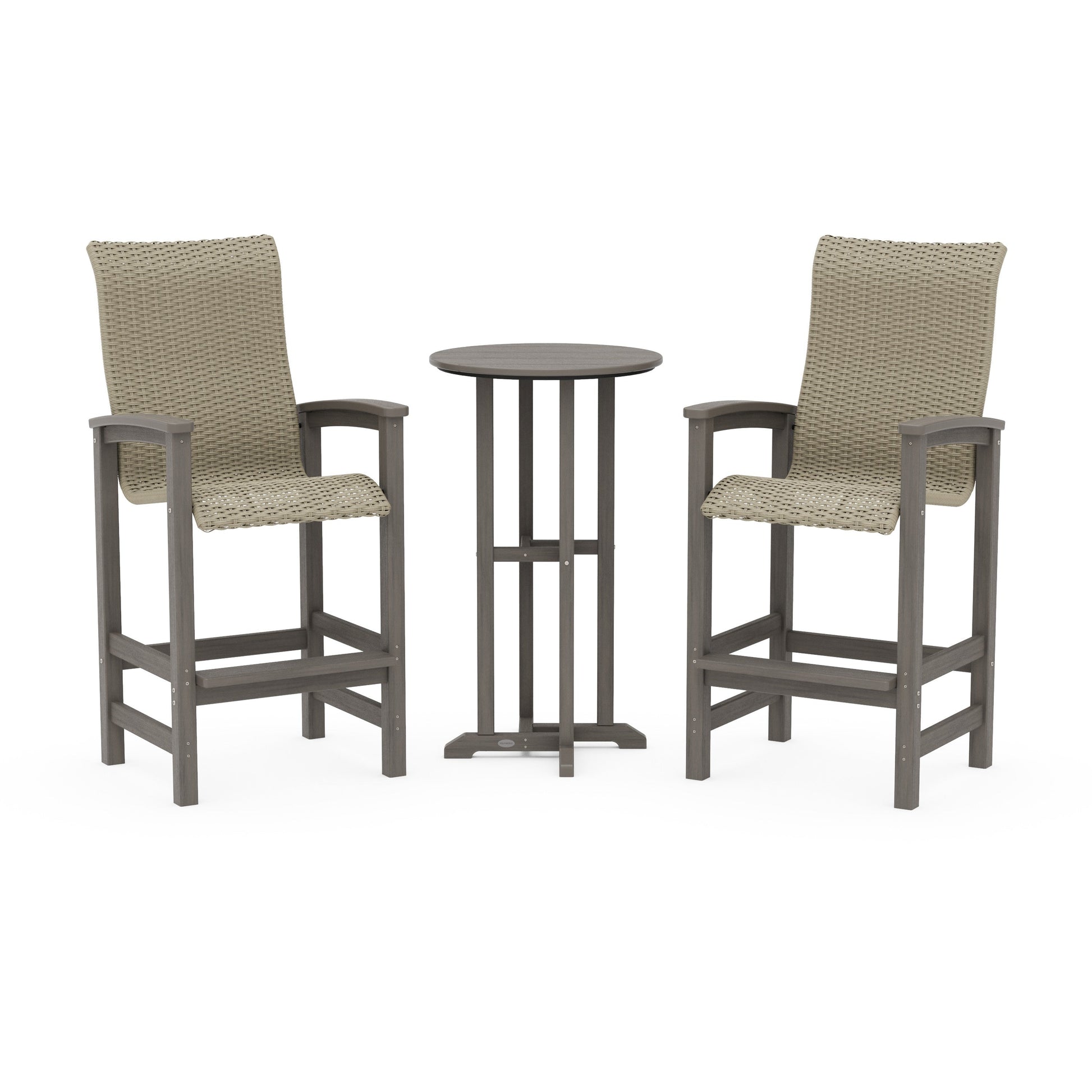 POLYWOOD Coastal Woven High-Back 3-Piece Farmhouse Bar Set — Driftwood / Dune Grass