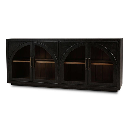 Bramble Vannes 4 Door Sideboard with Glass Shelves in Vintage Black with Straw Wash Interior