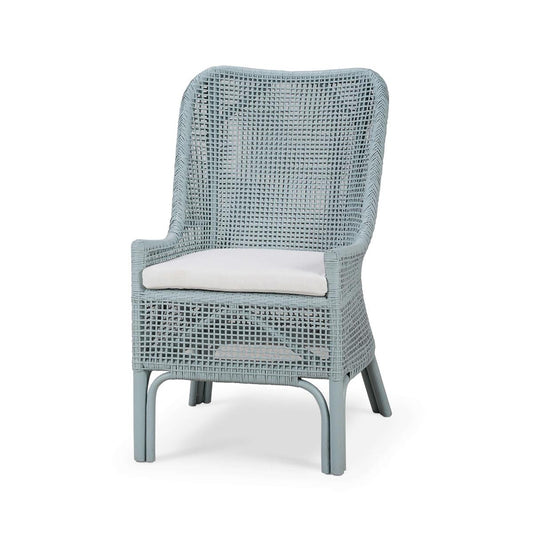 Bramble Cristo Dining Chair in Frosted Blue Rattan with Arctic White Performance Fabric Cushion