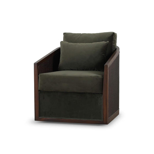 Bramble Willis Swivel Chair with Mahogany Frame in Matt Teak Brown & Rattan with Forest Moss Velvet Fabric