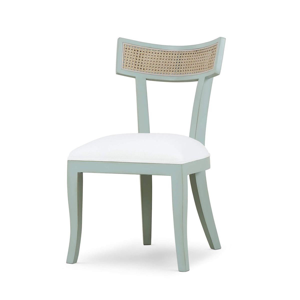 Bramble Beatrice Dining Chair in Vintage Moss Green with Arctic White Performance Fabric & Rattan Natural on Back