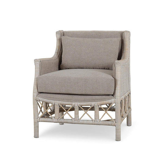 Bramble Rabana Rattan Chair in White Wash Rattan with Oatmeal Boucle Chenille Performance Fabric Cushion