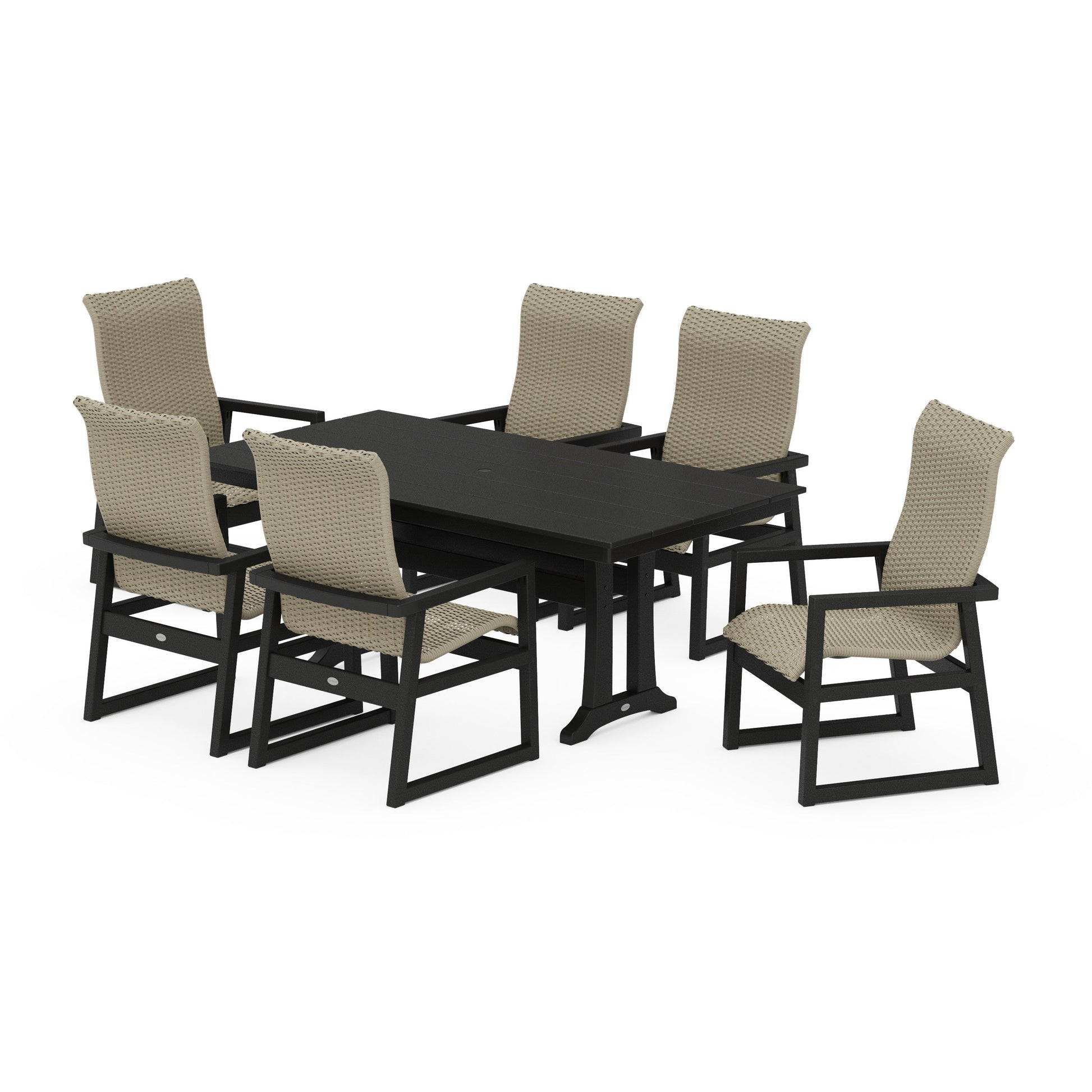 POLYWOOD EDGE Woven Highback Arm Chair 7-Piece Farmhouse Dining Set with Trestle Legs — Black / Dune Grass
