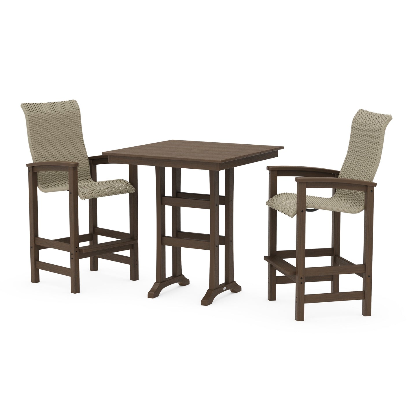 POLYWOOD Coastal Woven High-Back 3-Piece Farmhouse Bar Set with Trestle Legs — Kona / Dune Grass