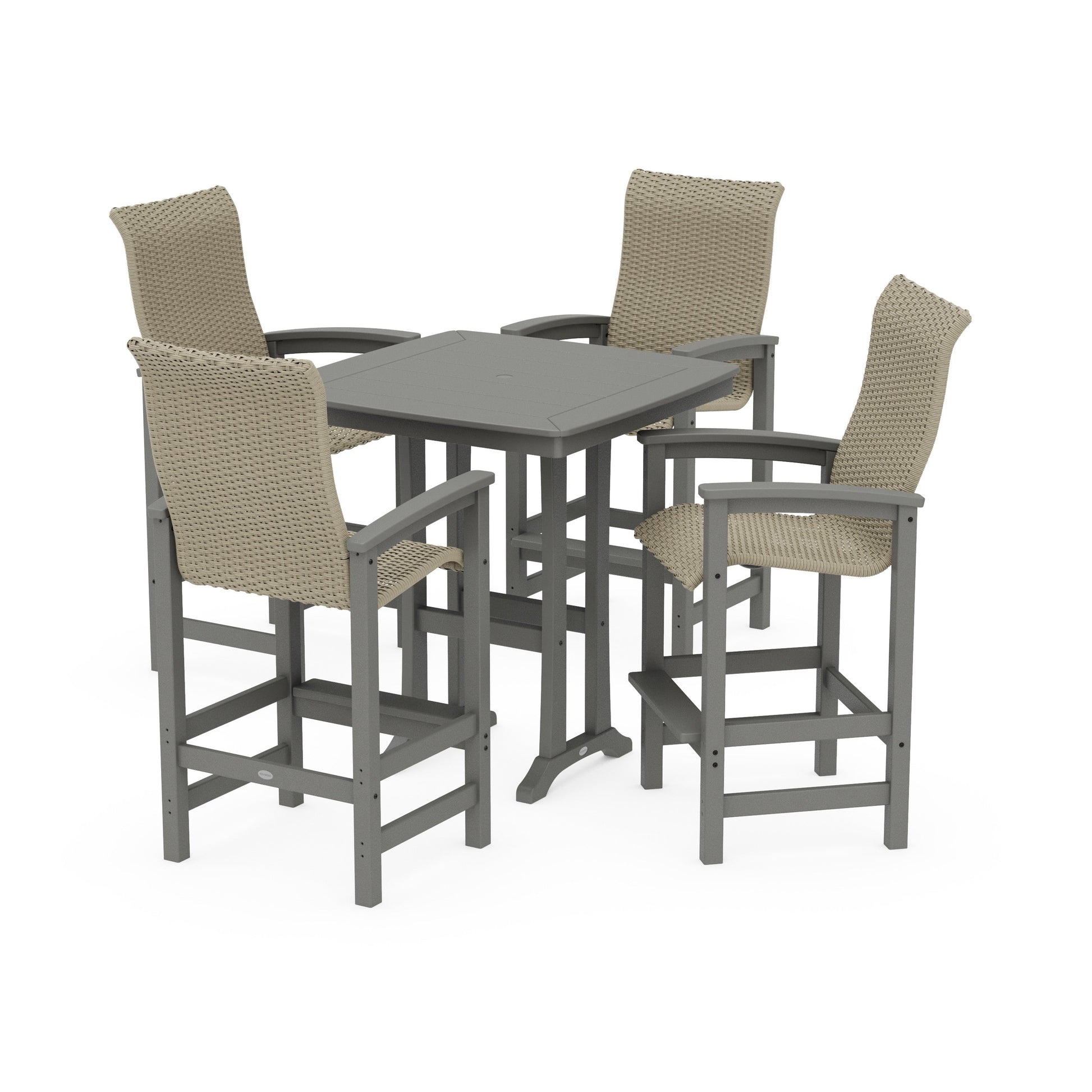 POLYWOOD Coastal Woven High-Back 5-Piece Bar Set with Trestle Legs — Slate Grey / Dune Grass