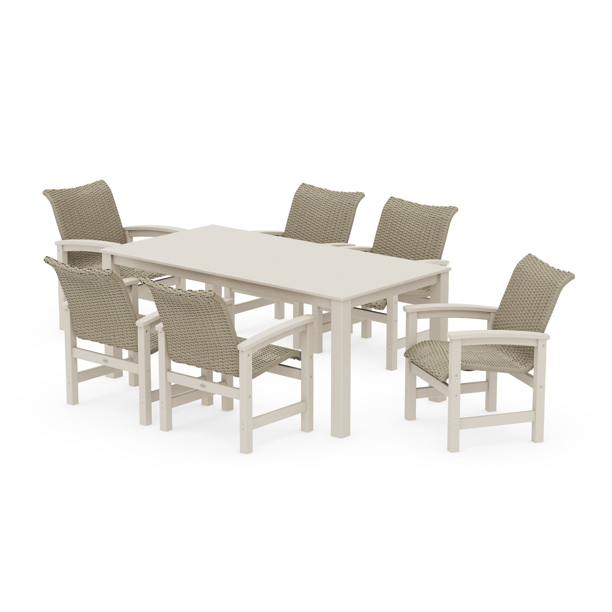 POLYWOOD Coastal Woven Arm Chair 7-Piece Parsons Dining Set — Sand / Dune Grass