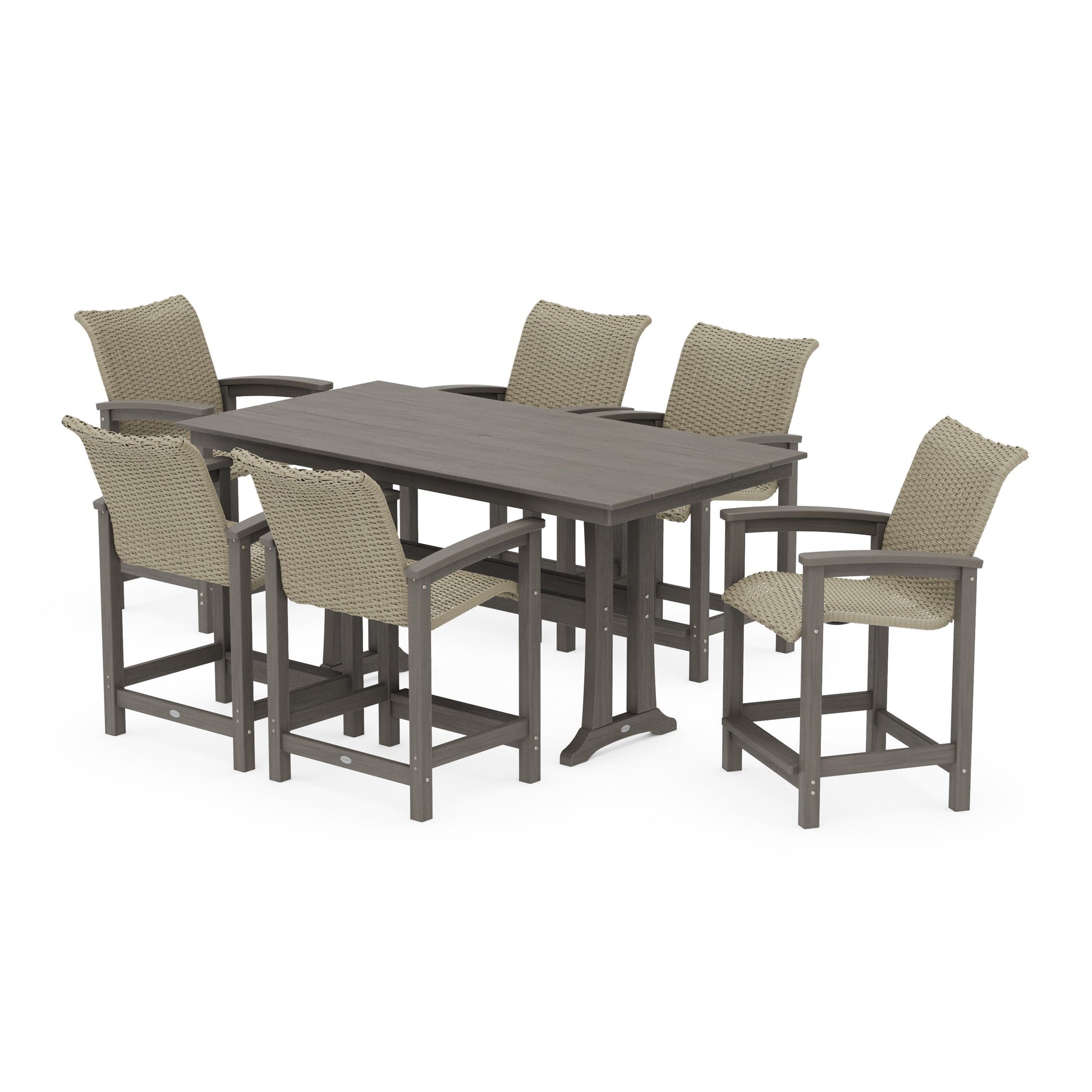 POLYWOOD Coastal Woven Arm Chair 7-Piece Farmhouse Counter Set with Trestle Legs — Driftwood / Dune Grass