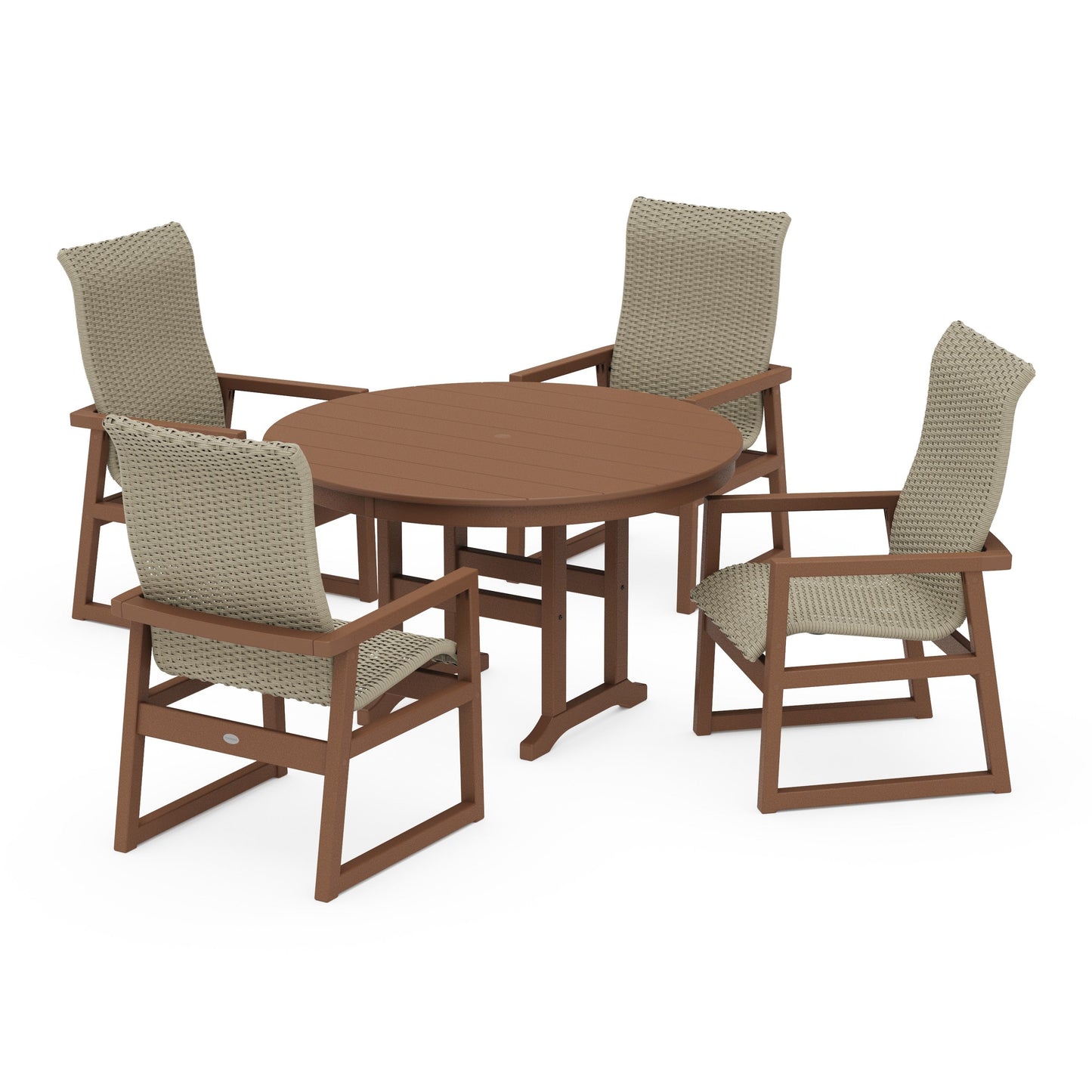POLYWOOD EDGE Woven Highback 5-Piece Round Farmhouse Dining Set — Teak / Dune Grass