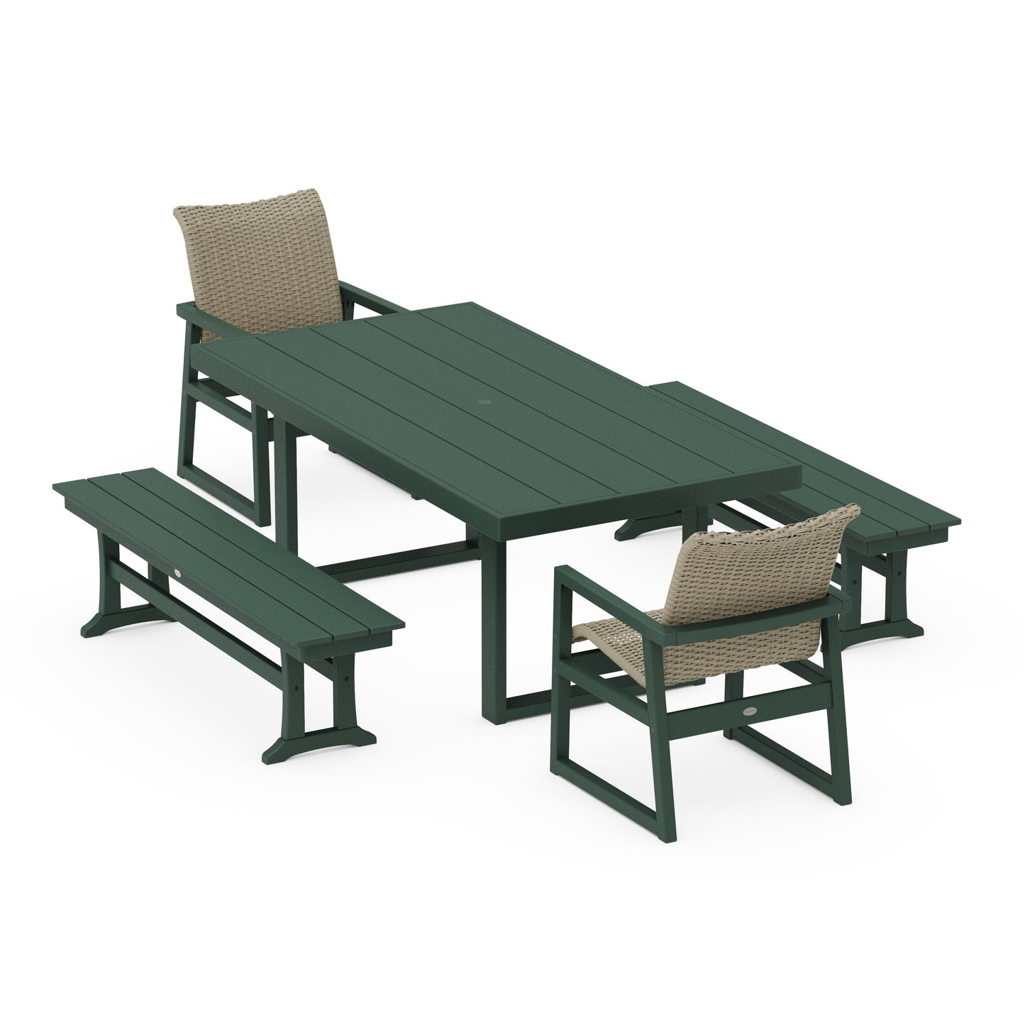 POLYWOOD EDGE Woven 5-Piece Dining Set with Benches — Green / Dune Grass