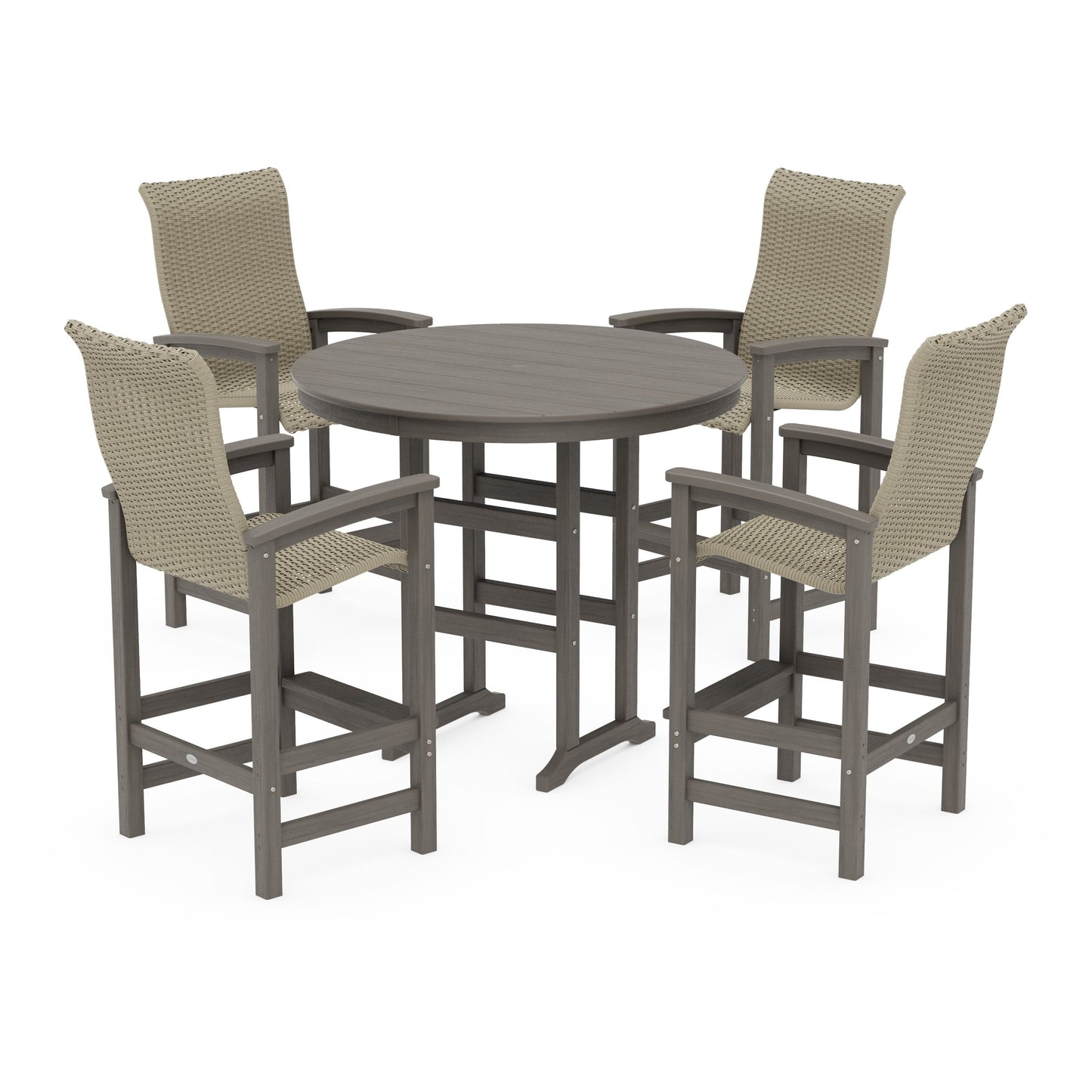 POLYWOOD Coastal Woven High-Back 5-Piece Round Farmhouse Bar Set — Driftwood / Dune Grass