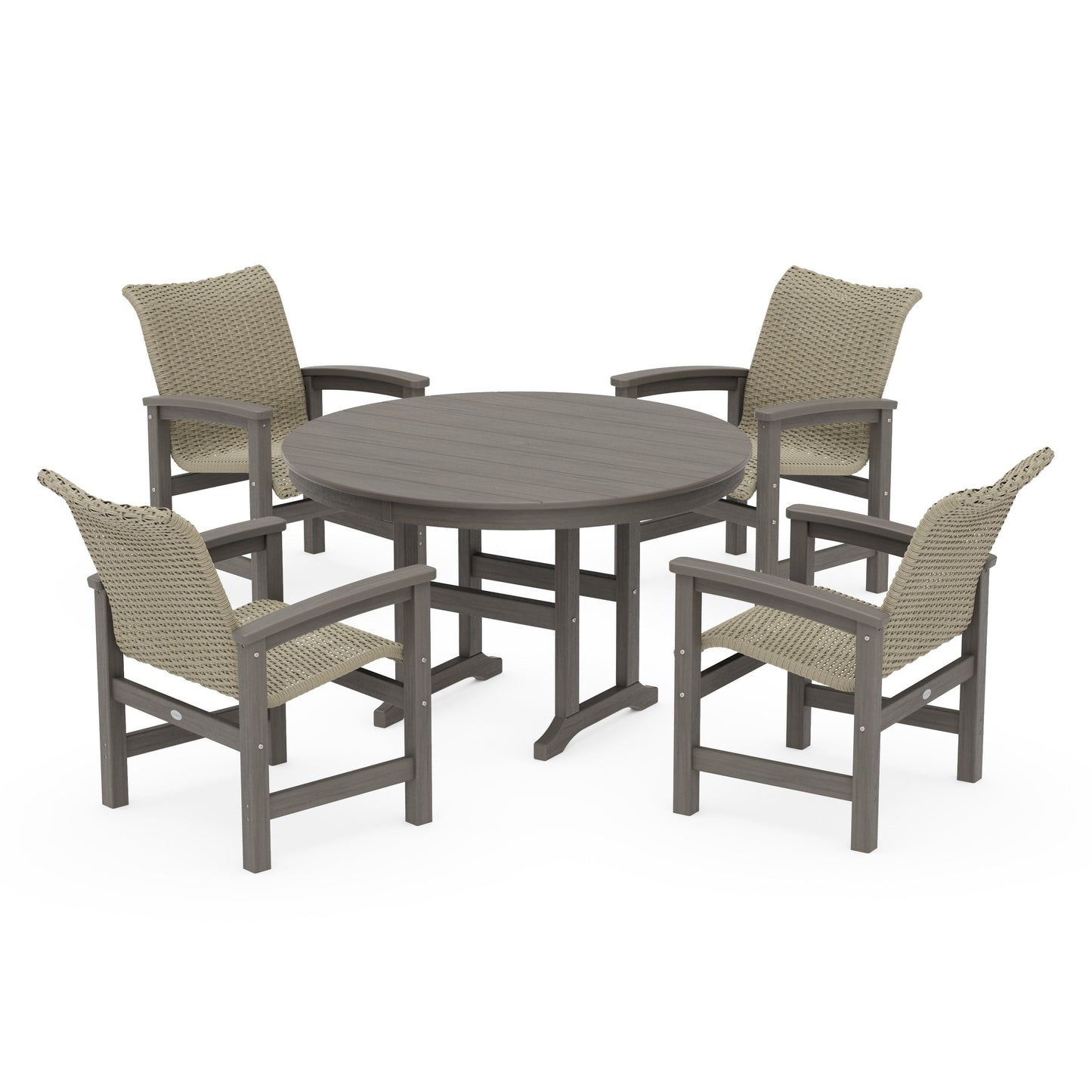 POLYWOOD Coastal Woven 5-Piece Round Farmhouse Dining Set — Driftwood / Dune Grass