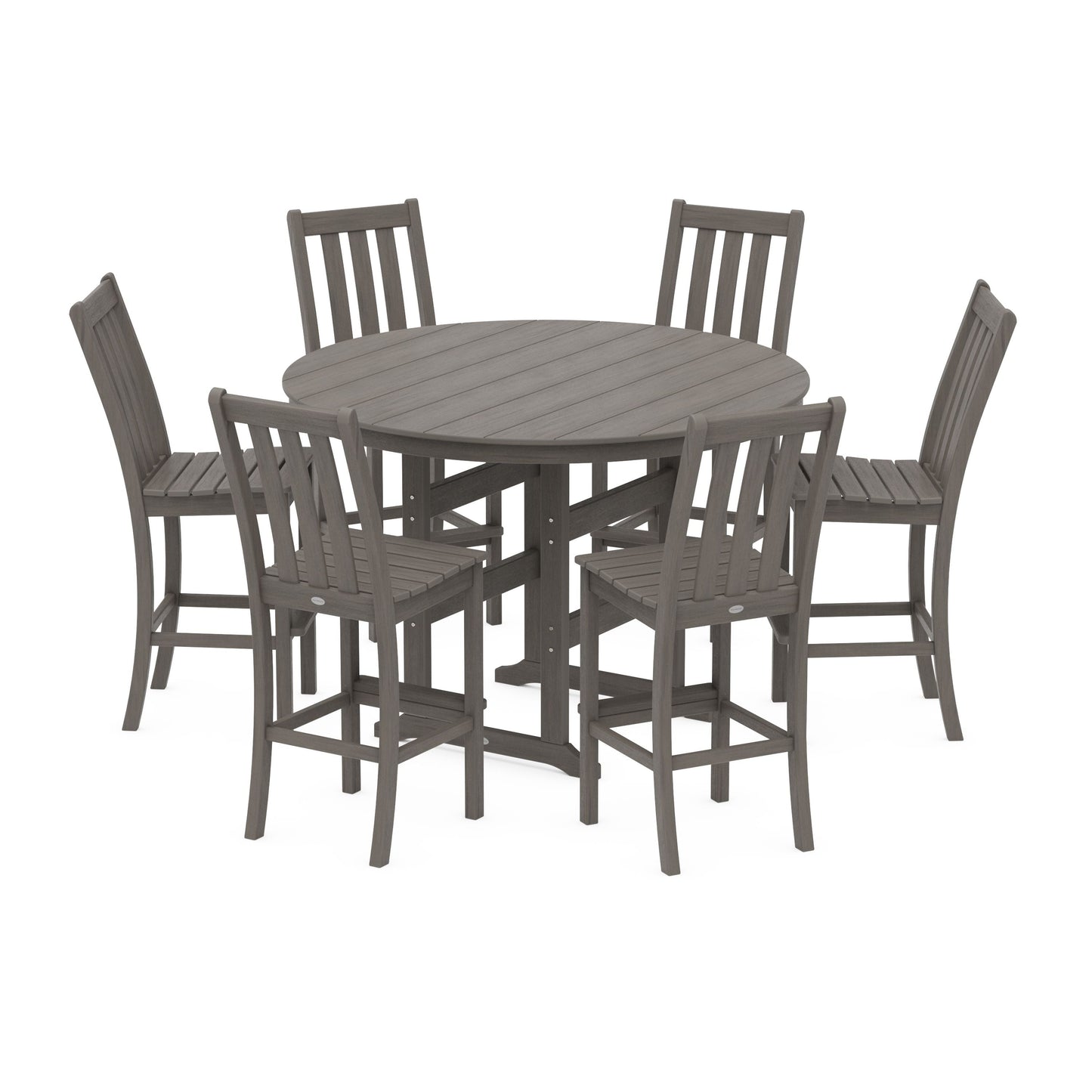 POLYWOOD Vineyard 7-Piece Side Chair Round Farmhouse Bar Set — Driftwood