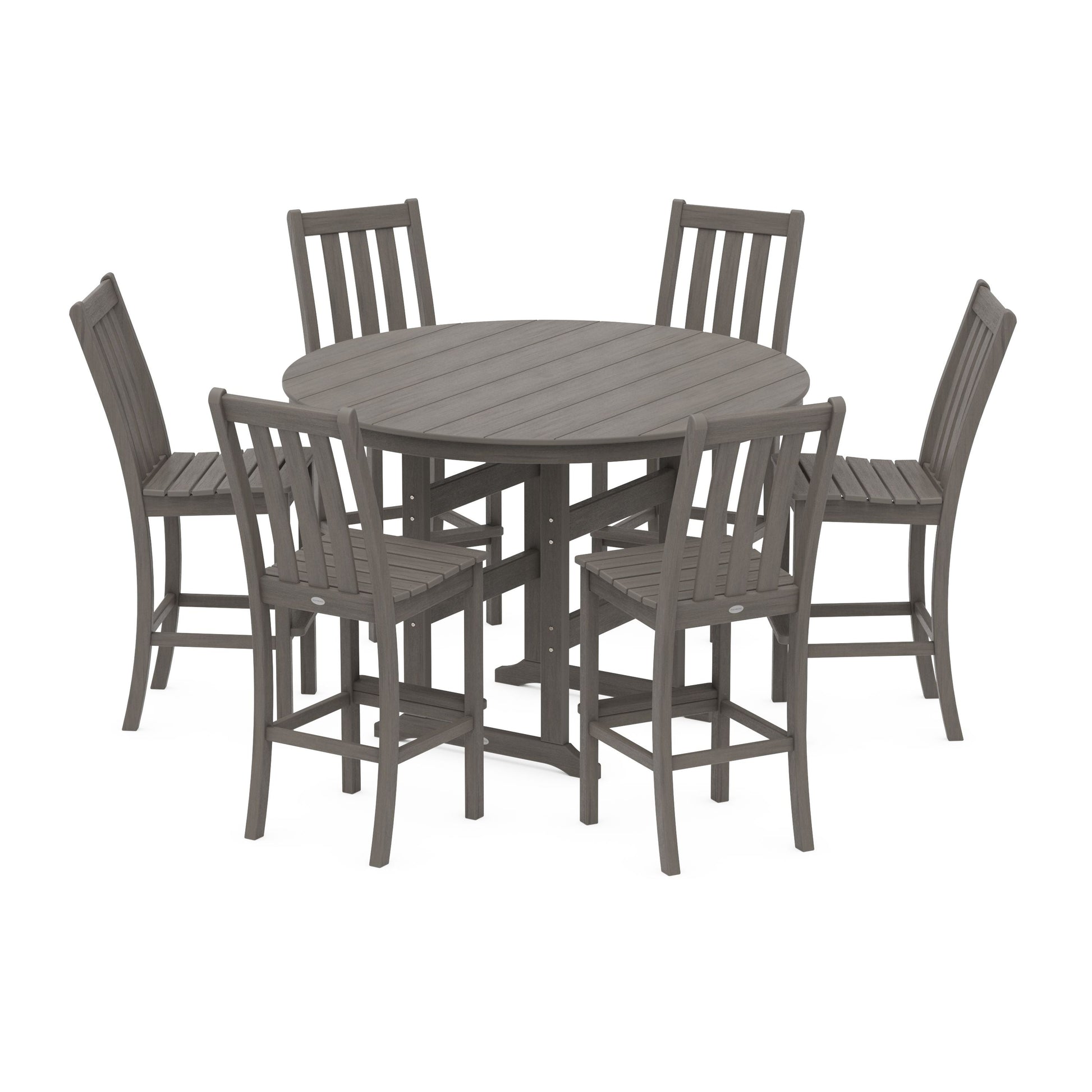 POLYWOOD Vineyard 7-Piece Side Chair Round Farmhouse Bar Set — Driftwood