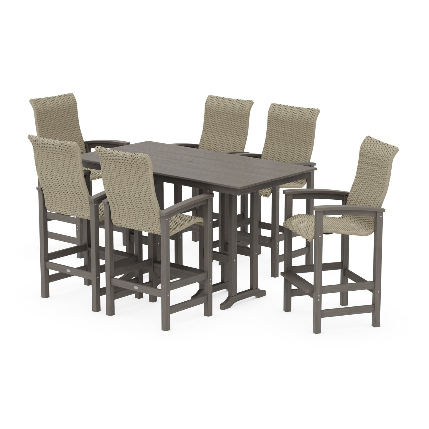POLYWOOD Coastal Woven High-Back Arm Chair 7-Piece Farmhouse Bar Set — Driftwood / Dune Grass
