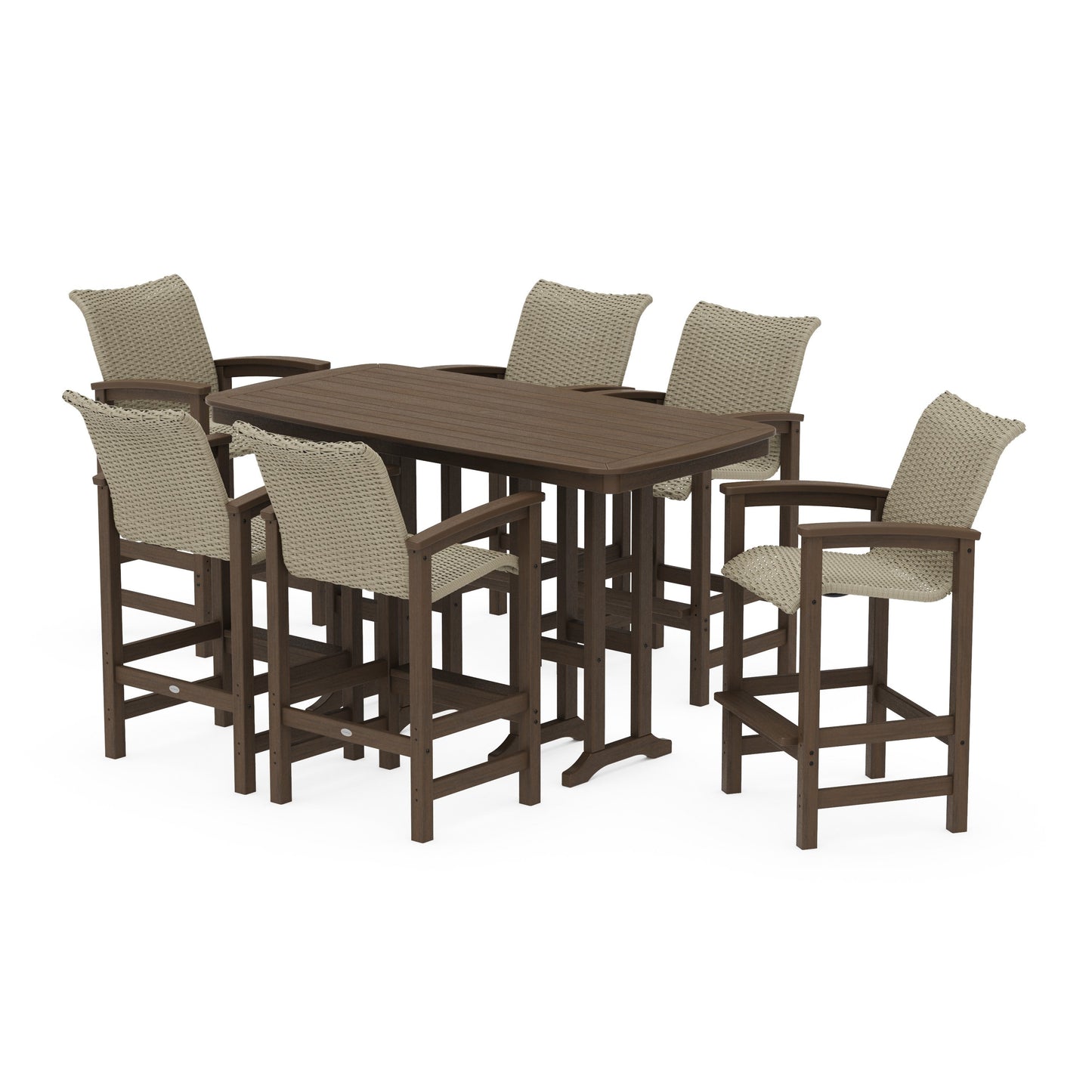 POLYWOOD Coastal Woven Arm Chair 7-Piece Bar Set — Kona / Dune Grass