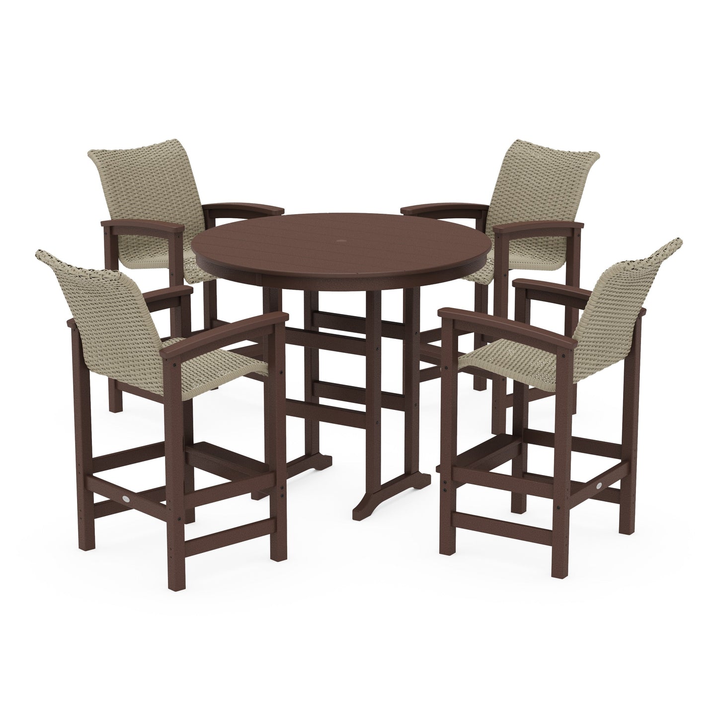 POLYWOOD Coastal Woven 5-Piece Round Farmhouse Bar Set — Mahogany / Dune Grass