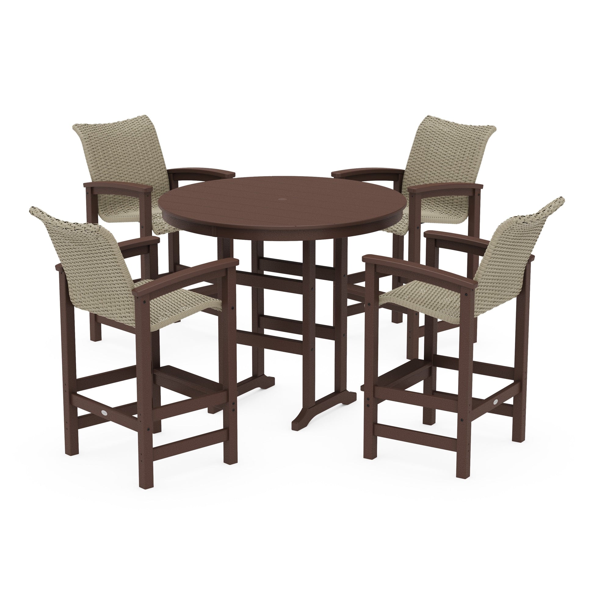 POLYWOOD Coastal Woven 5-Piece Round Farmhouse Bar Set — Mahogany / Dune Grass