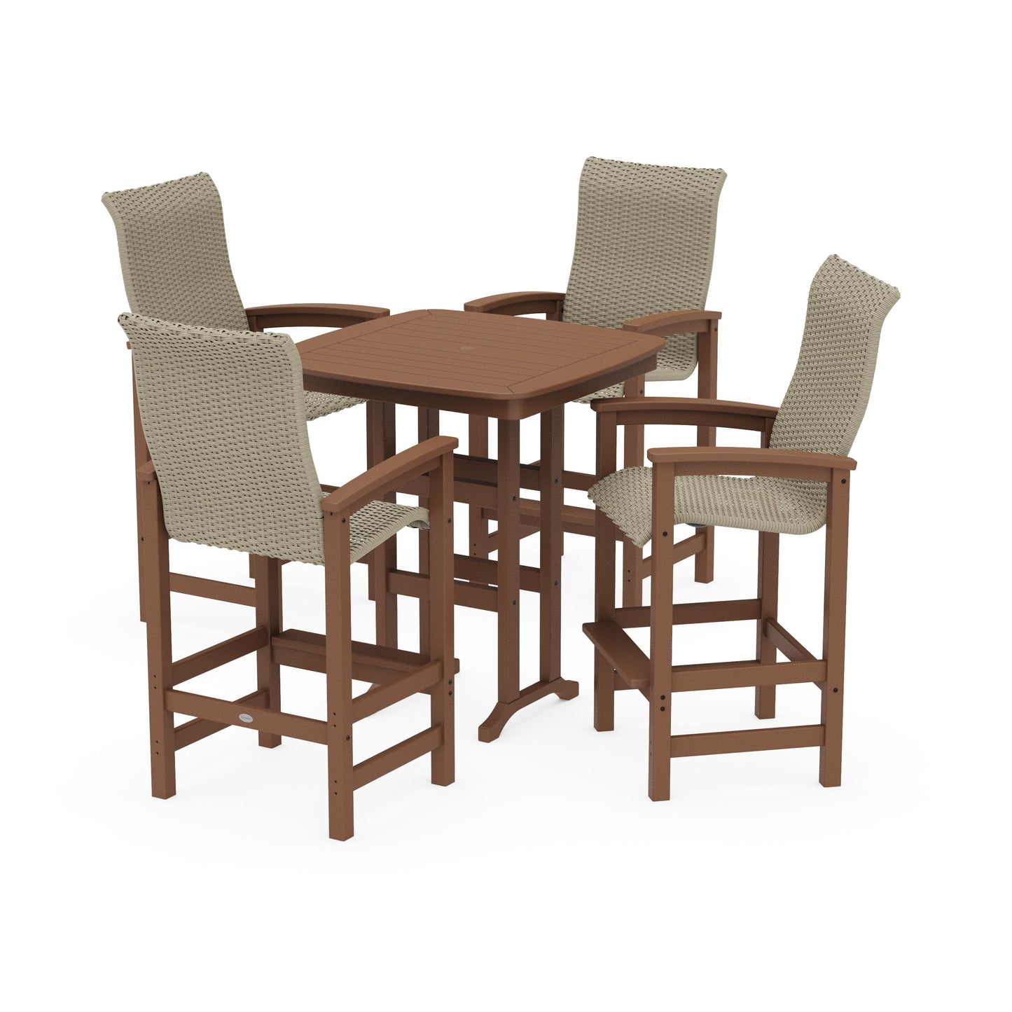 POLYWOOD Coastal Woven High-Back 5-Piece Bar Set — Teak / Dune Grass