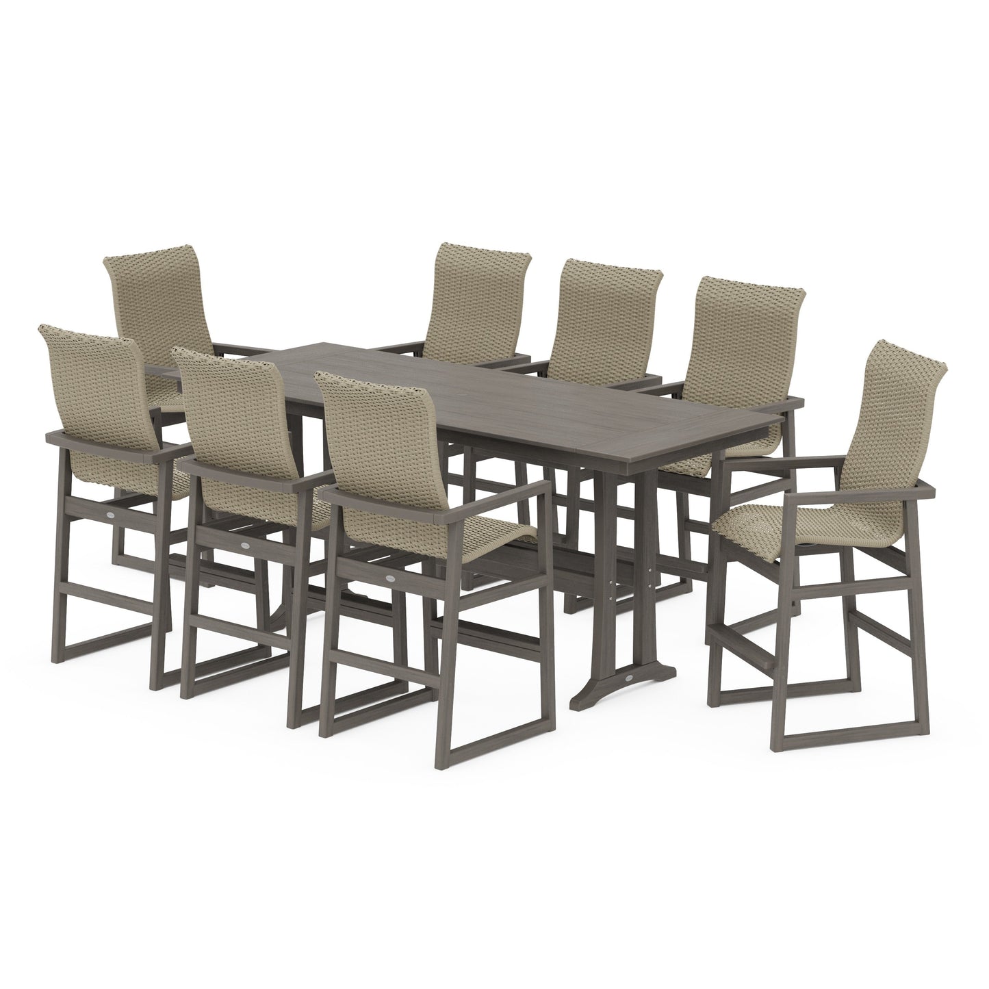 POLYWOOD EDGE Woven Highback 9-Piece Farmhouse Bar Set with Trestle Legs — Driftwood / Dune Grass