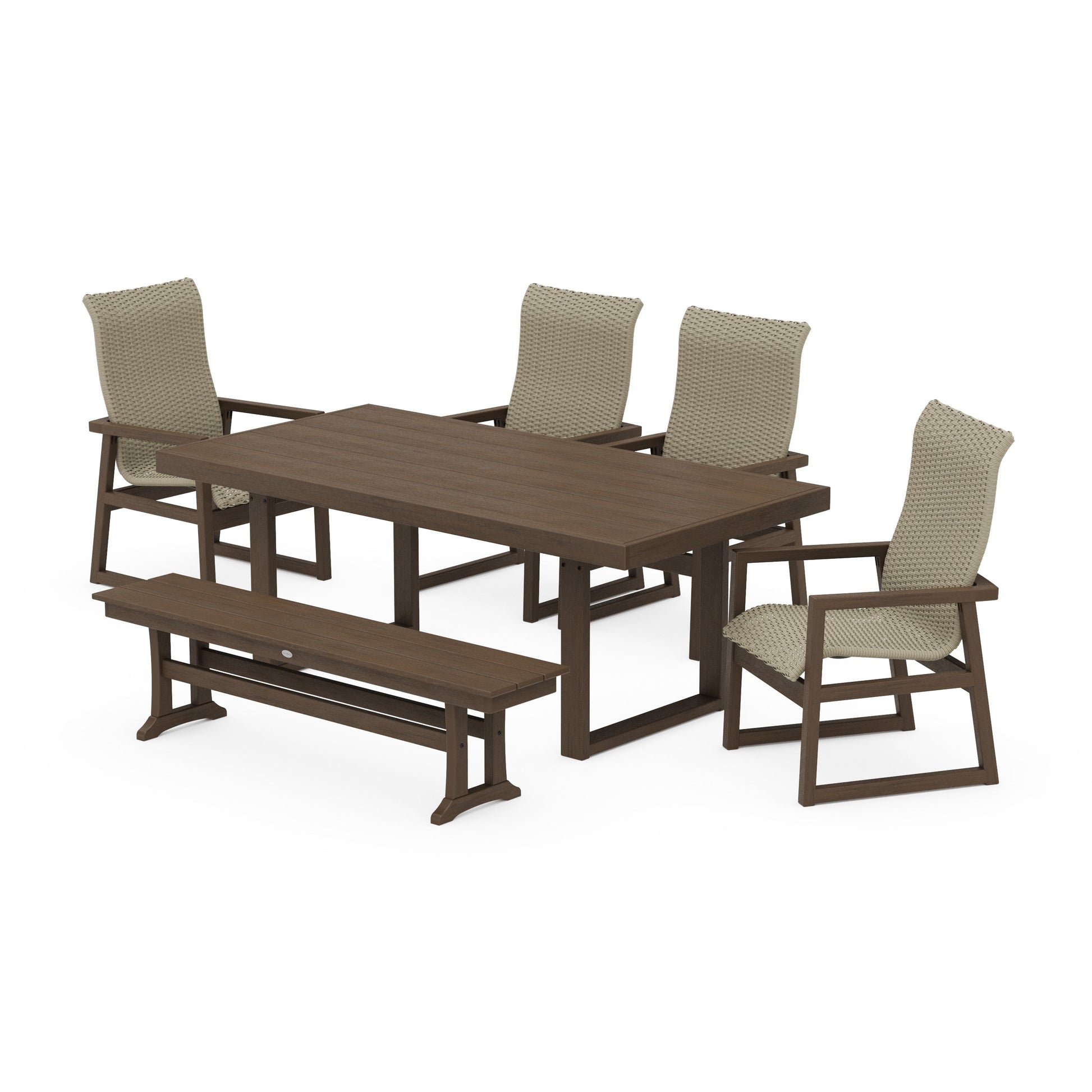 POLYWOOD EDGE Woven Highback 6-Piece Dining Set with Bench — Kona / Dune Grass