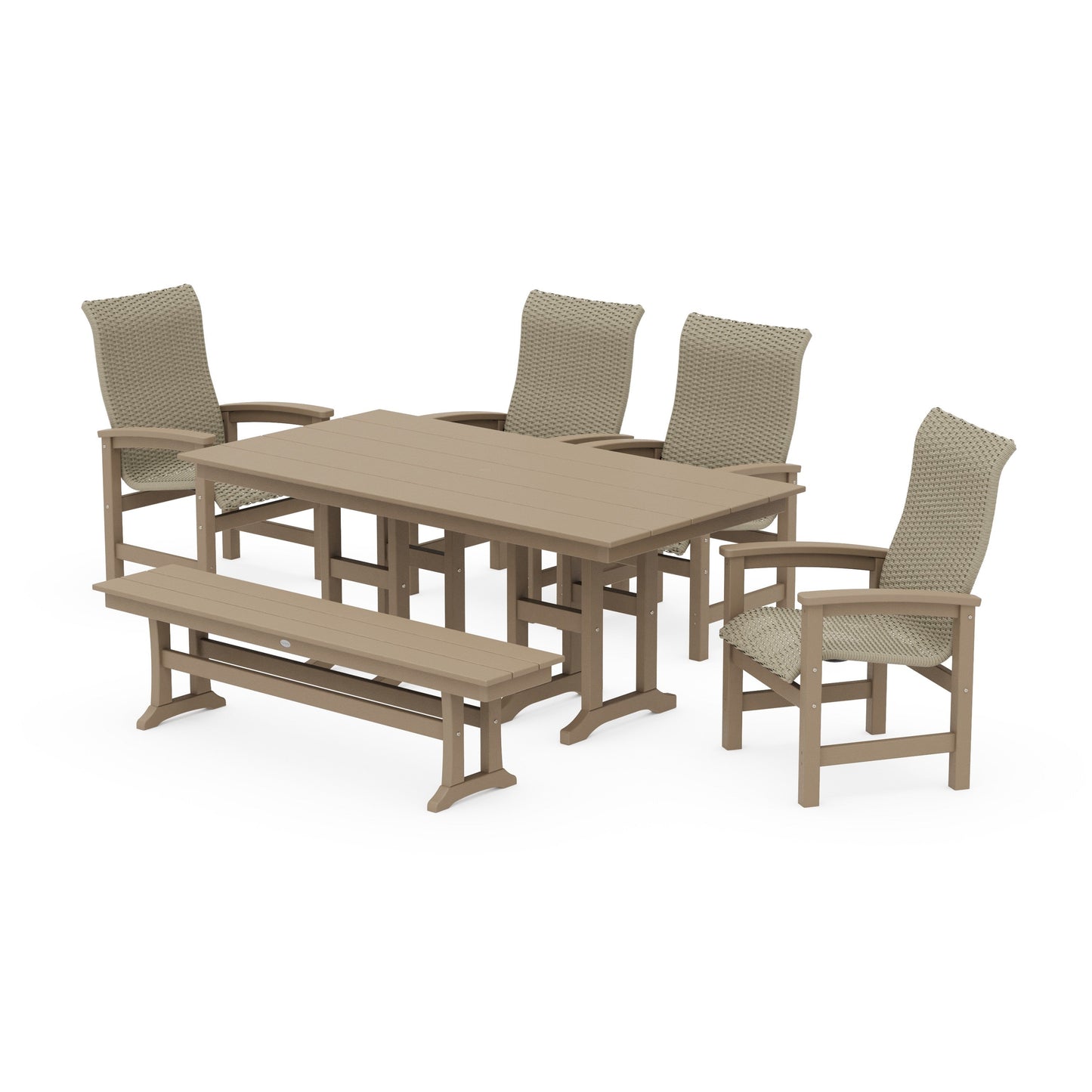 POLYWOOD Coastal Woven High-Back 6-Piece Farmhouse Dining Set with Bench — Vintage Sahara / Dune Grass