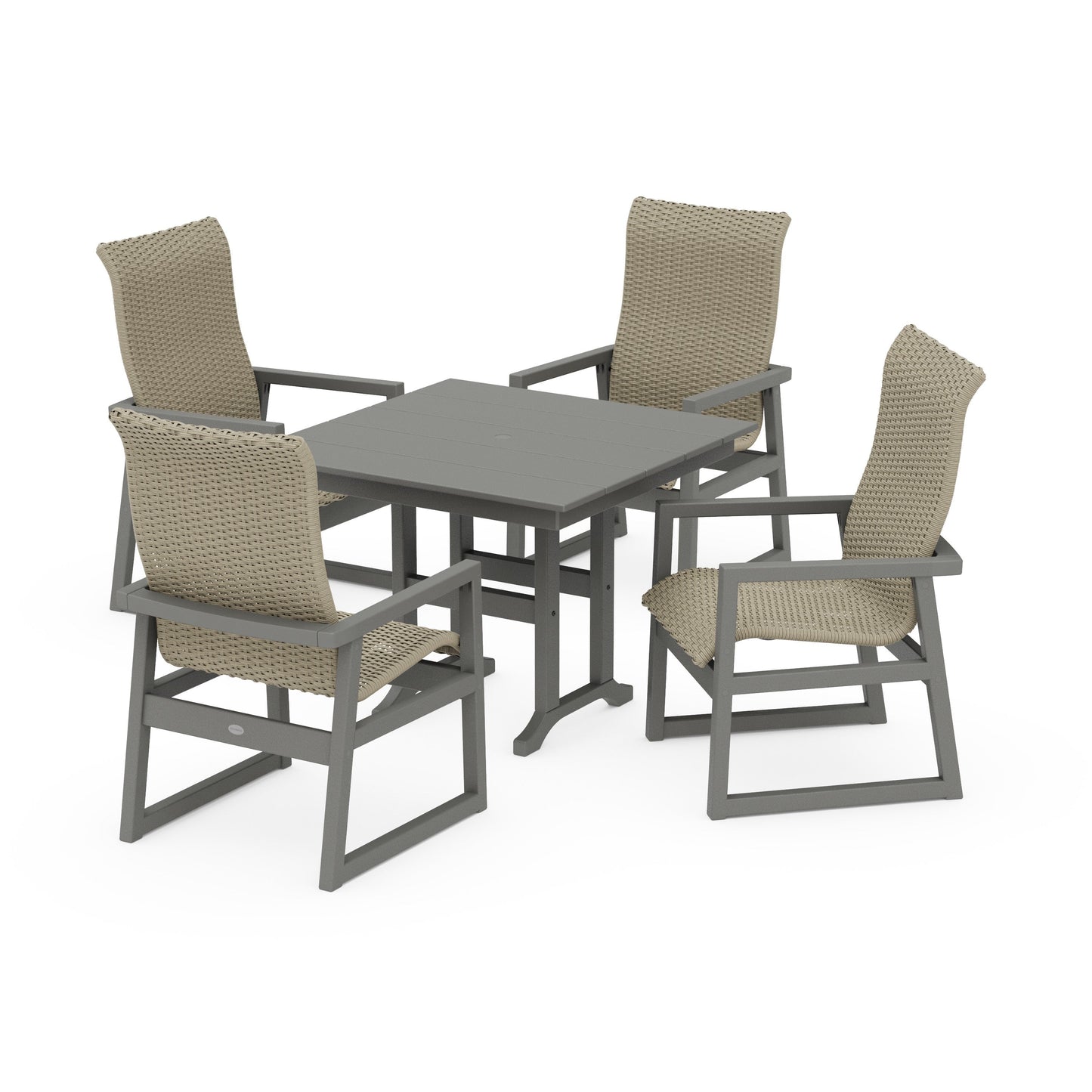 POLYWOOD EDGE Woven Highback 5-Piece Farmhouse Dining Set — Slate Grey / Dune Grass
