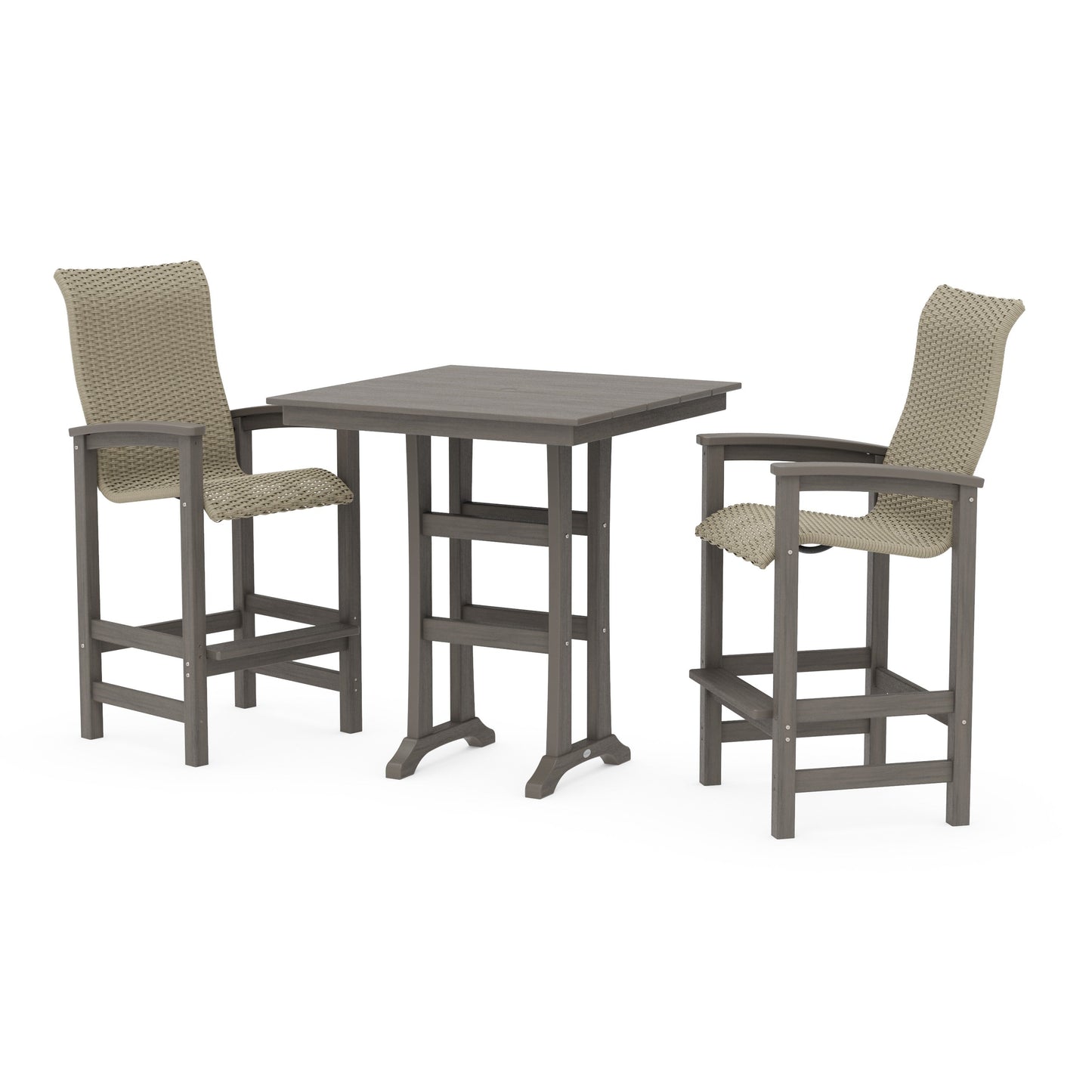 POLYWOOD Coastal Woven High-Back 3-Piece Farmhouse Bar Set with Trestle Legs — Driftwood / Dune Grass