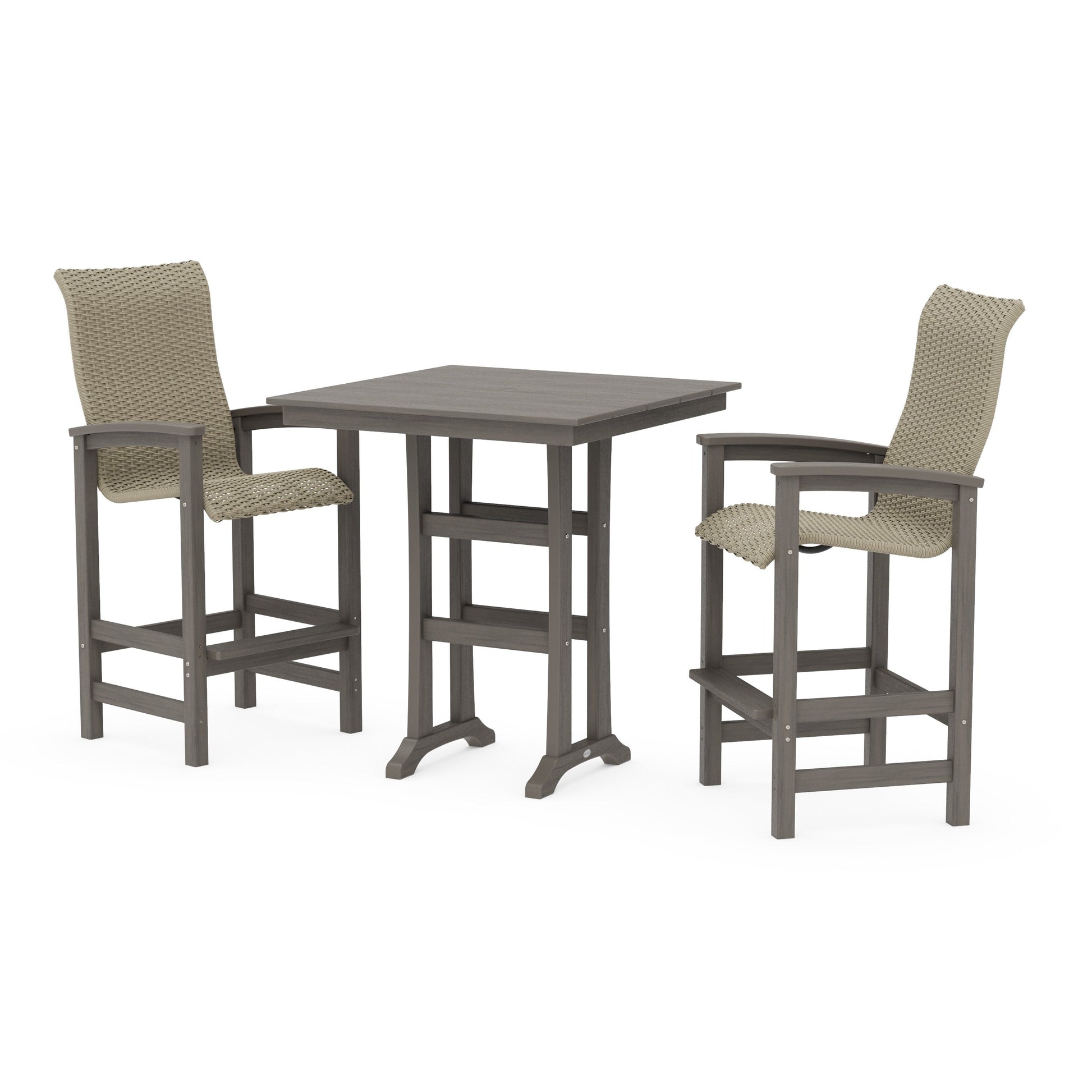 POLYWOOD Coastal Woven High-Back 3-Piece Farmhouse Bar Set with Trestle Legs — Driftwood / Dune Grass