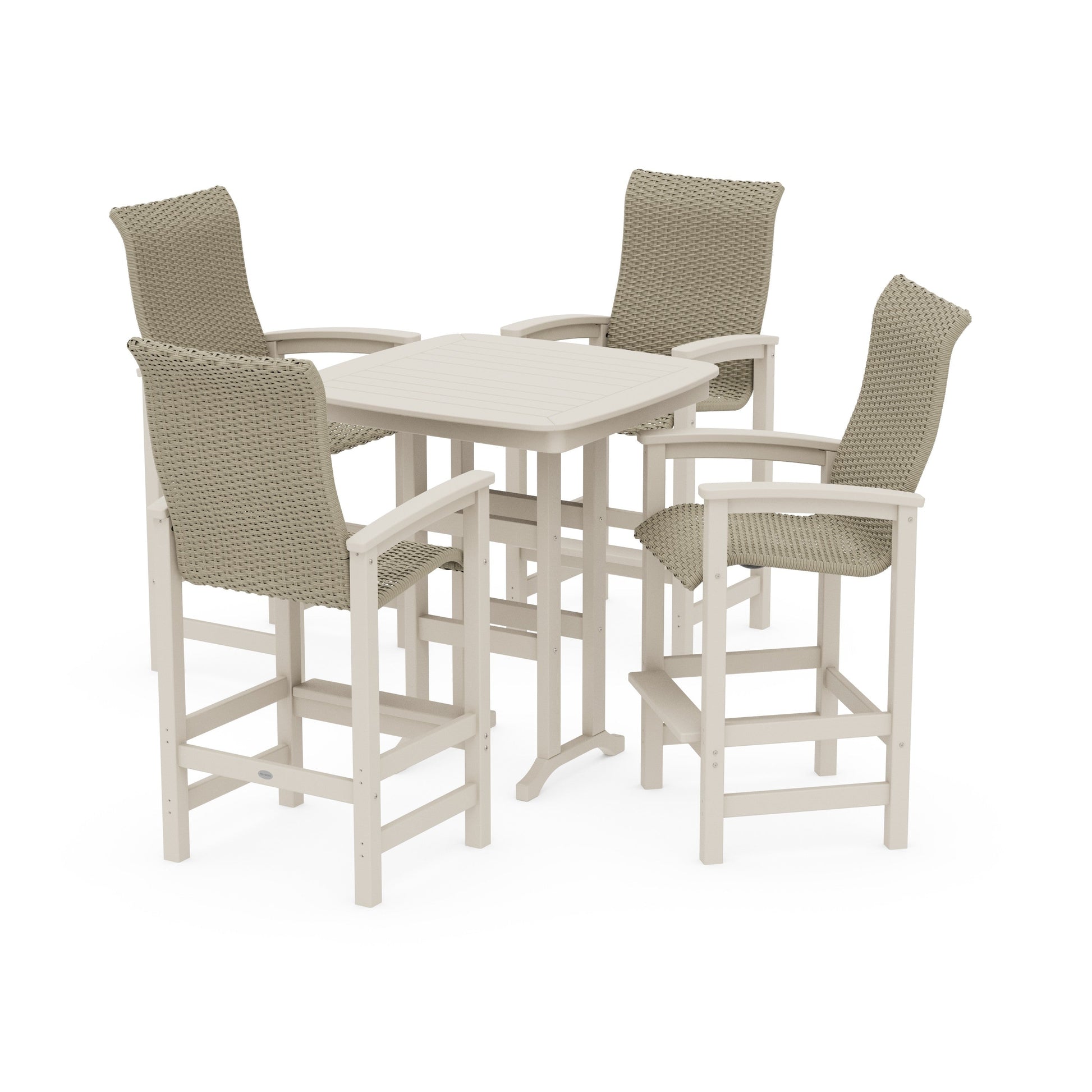 POLYWOOD Coastal Woven High-Back 5-Piece Bar Set — Sand / Dune Grass
