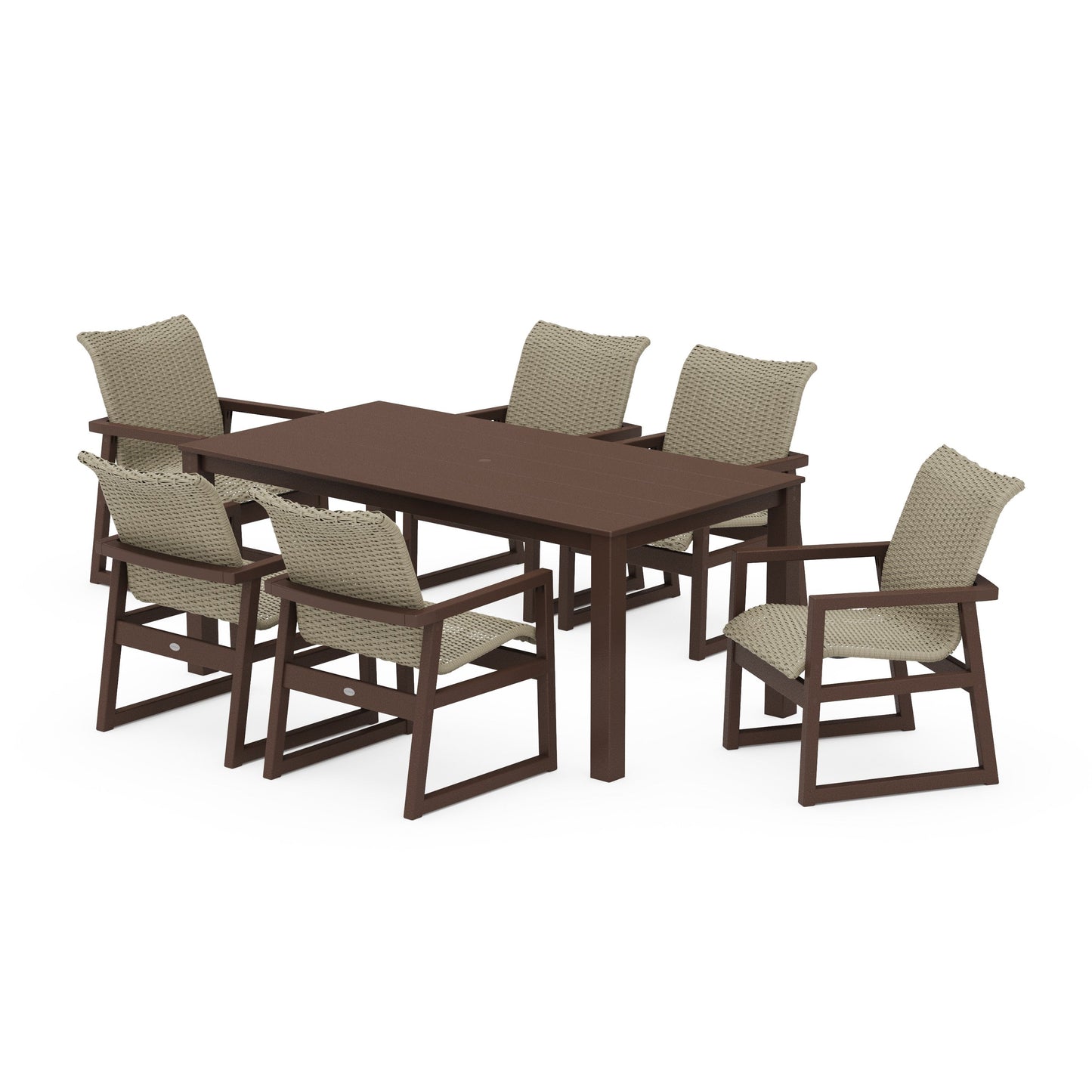 POLYWOOD EDGE Woven Arm Chair 7-Piece Parsons Dining Set — Mahogany / Dune Grass