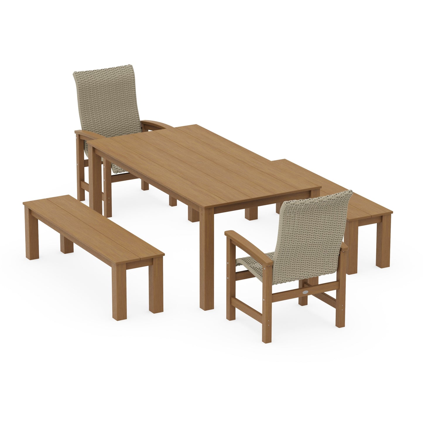 POLYWOOD Coastal Woven High-Back 5-Piece Parsons Dining Set with Benches — Natural / Dune Grass