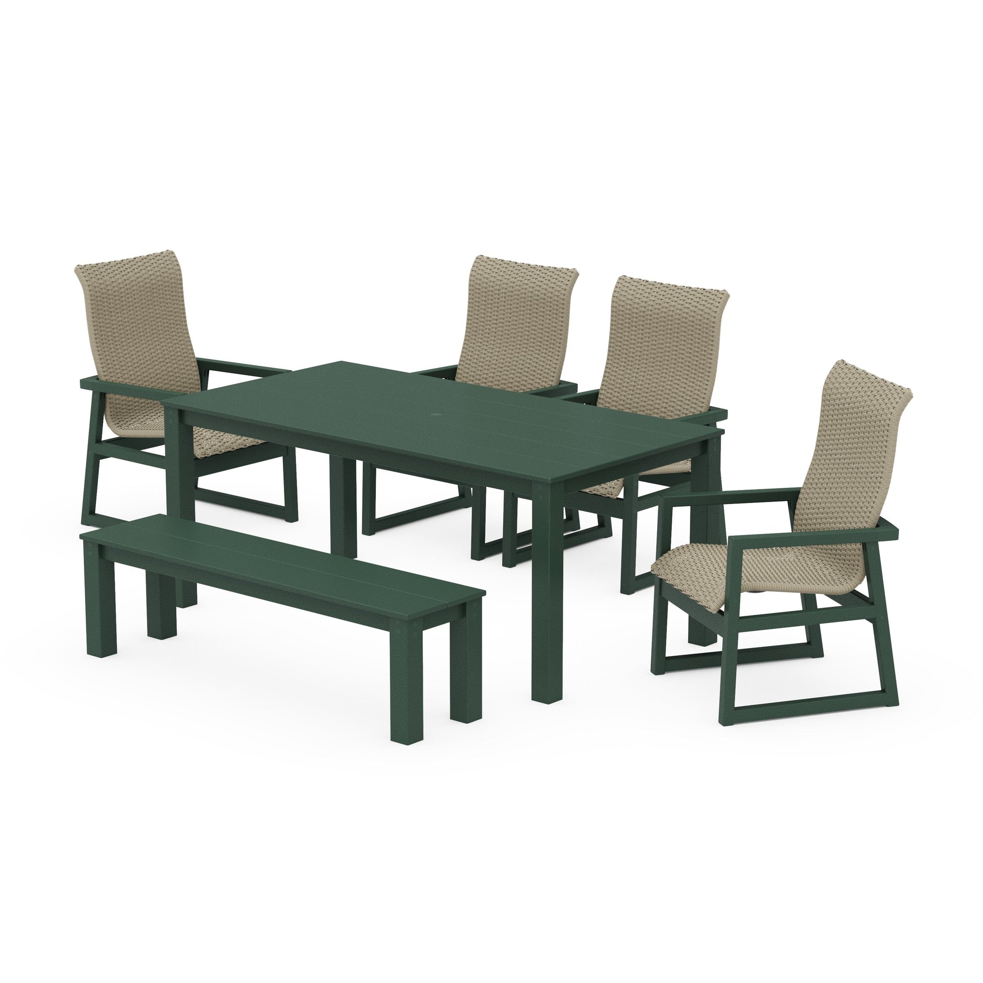 POLYWOOD EDGE Woven Highback 6-Piece Parsons Dining Set with Bench — Green / Dune Grass