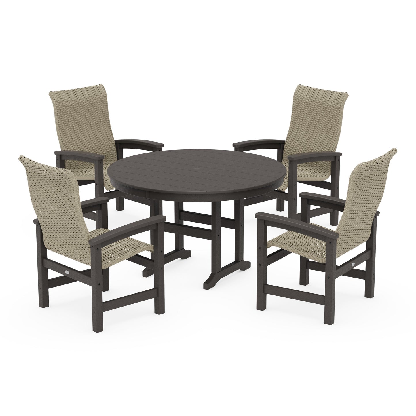 POLYWOOD Coastal Woven High-Back 5-Piece Round Farmhouse Dining Set — Vintage Coffee / Dune Grass