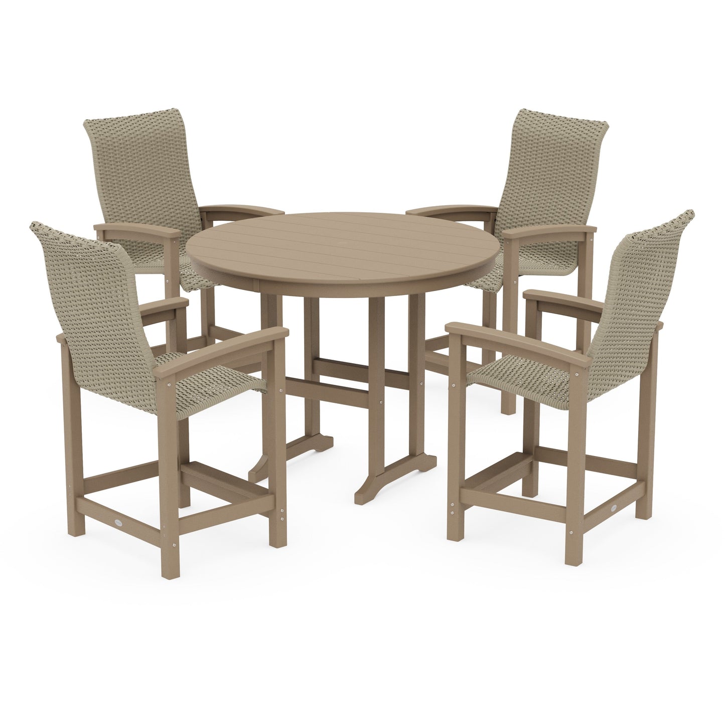 POLYWOOD Coastal Woven High-Back 5-Piece Round Farmhouse Counter Set — Vintage Sahara / Dune Grass
