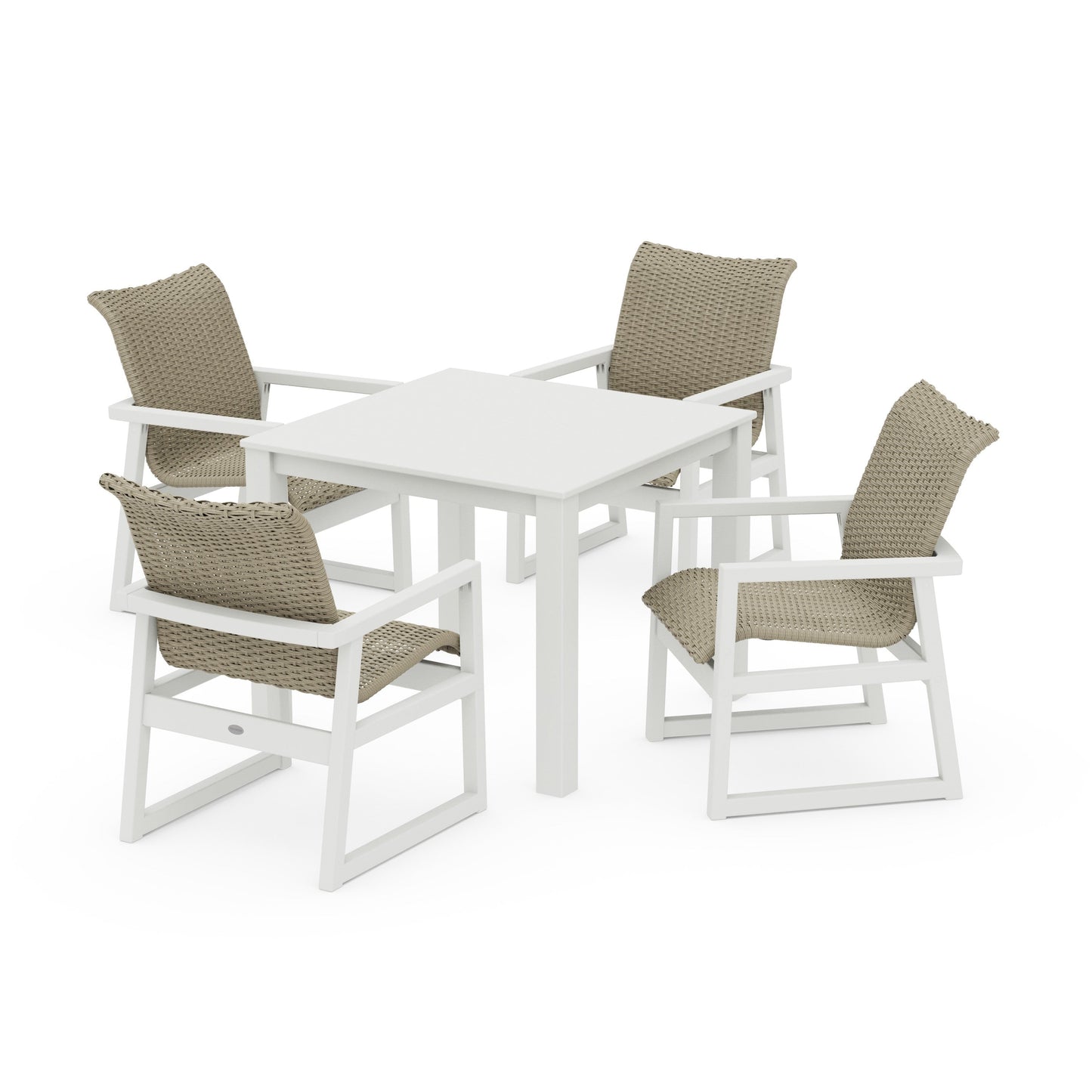 POLYWOOD EDGE Woven 5-Piece Parsons Dining Set — Vintage White / Dune Grass
