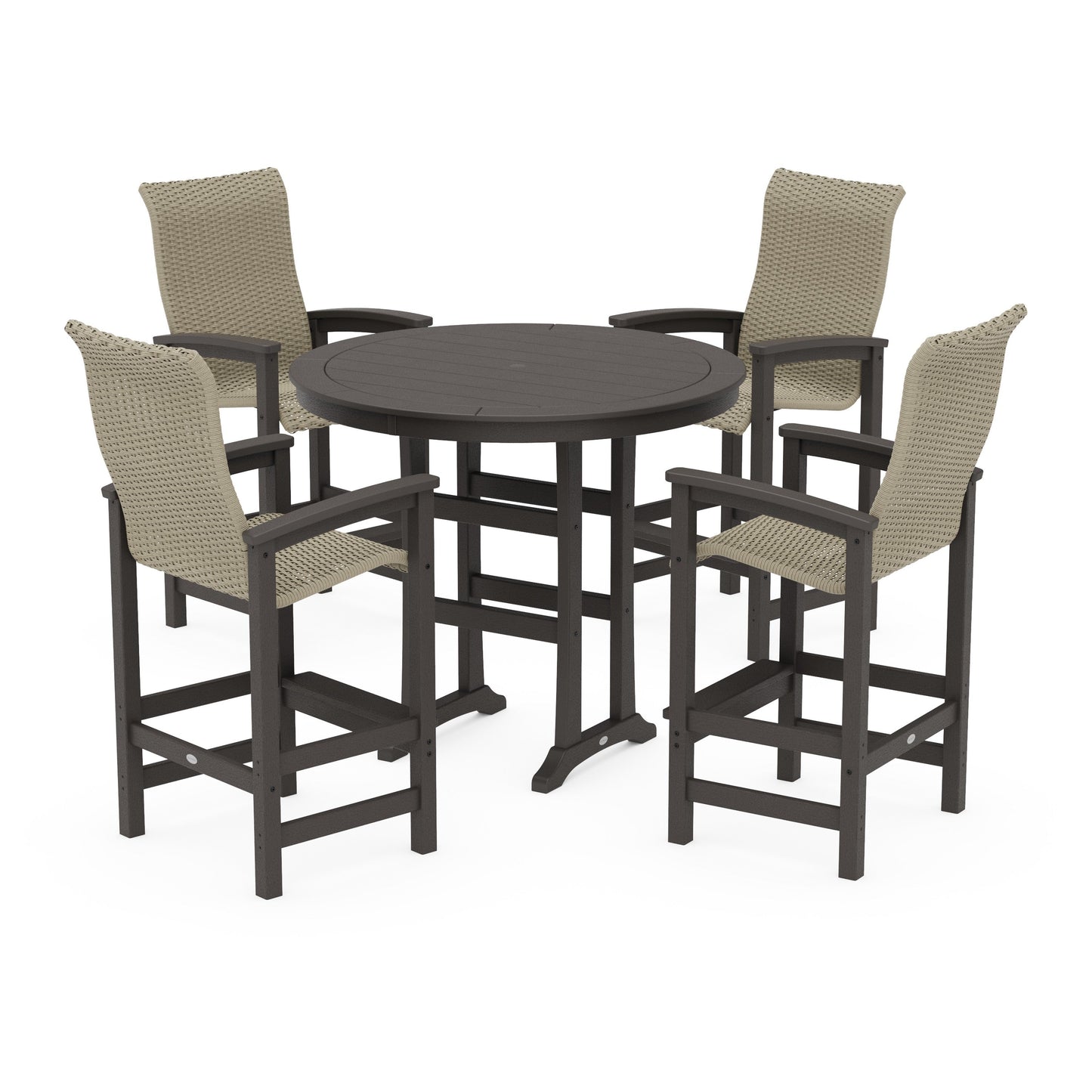 POLYWOOD Coastal Woven High-Back 5-Piece Round Bar Set — Vintage Coffee / Dune Grass