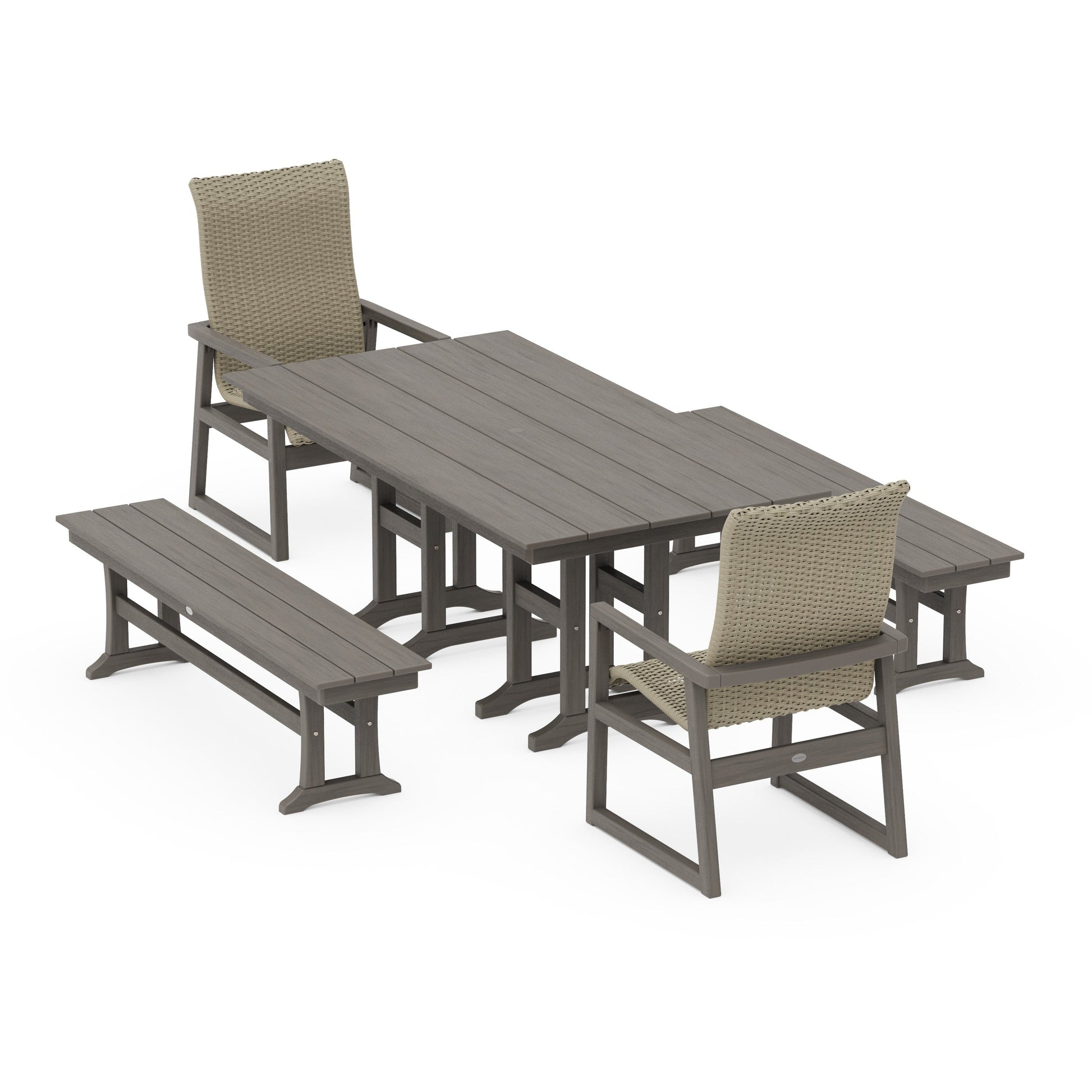 POLYWOOD EDGE Woven Highback 5-Piece Farmhouse Dining Set with Benches — Driftwood / Dune Grass